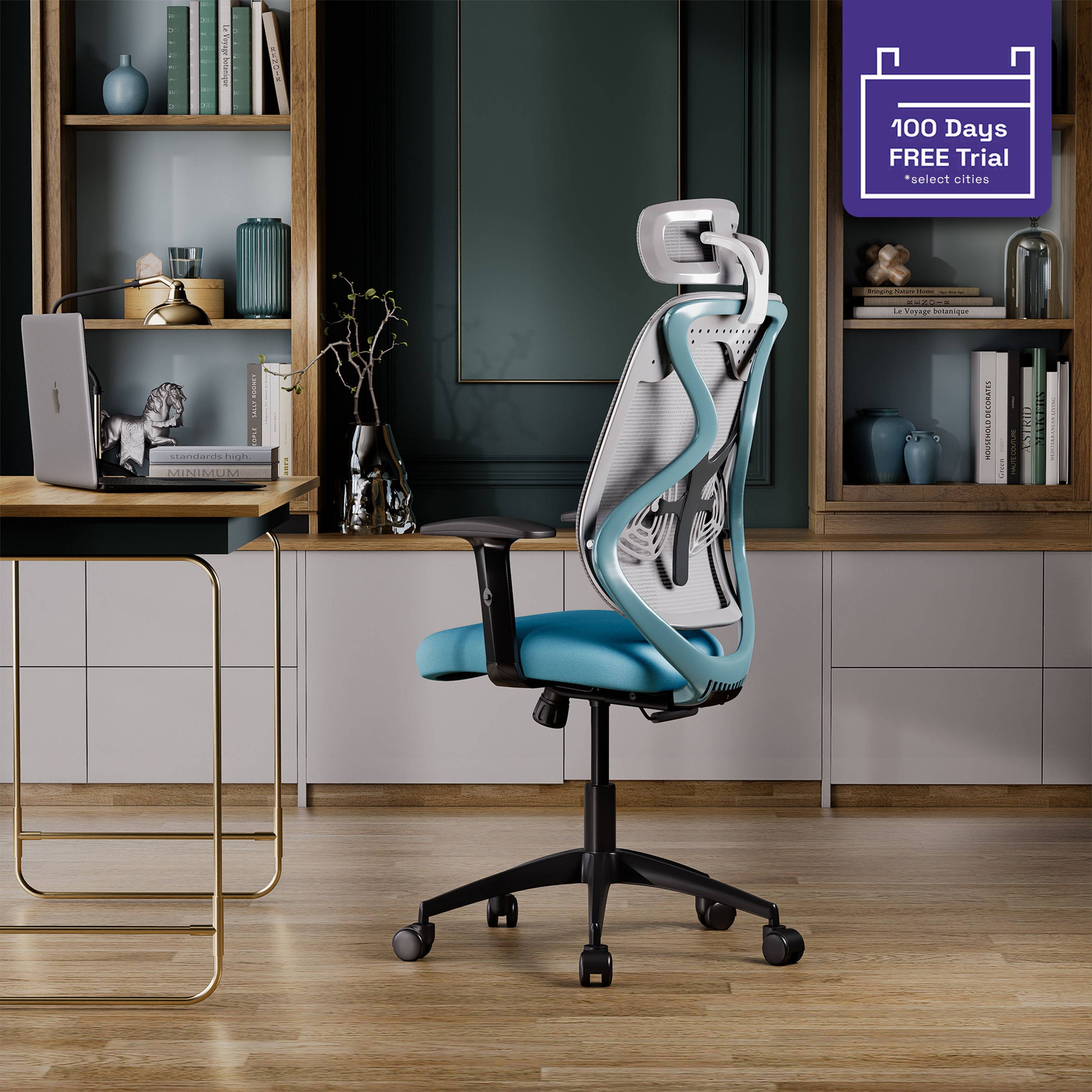 Gravita Ergonomic HighBack Office Chair | White and Sea Green | Nylon Base | Multi Lock Mechanism | 2025 Edition | DIY (Do It Yourself)