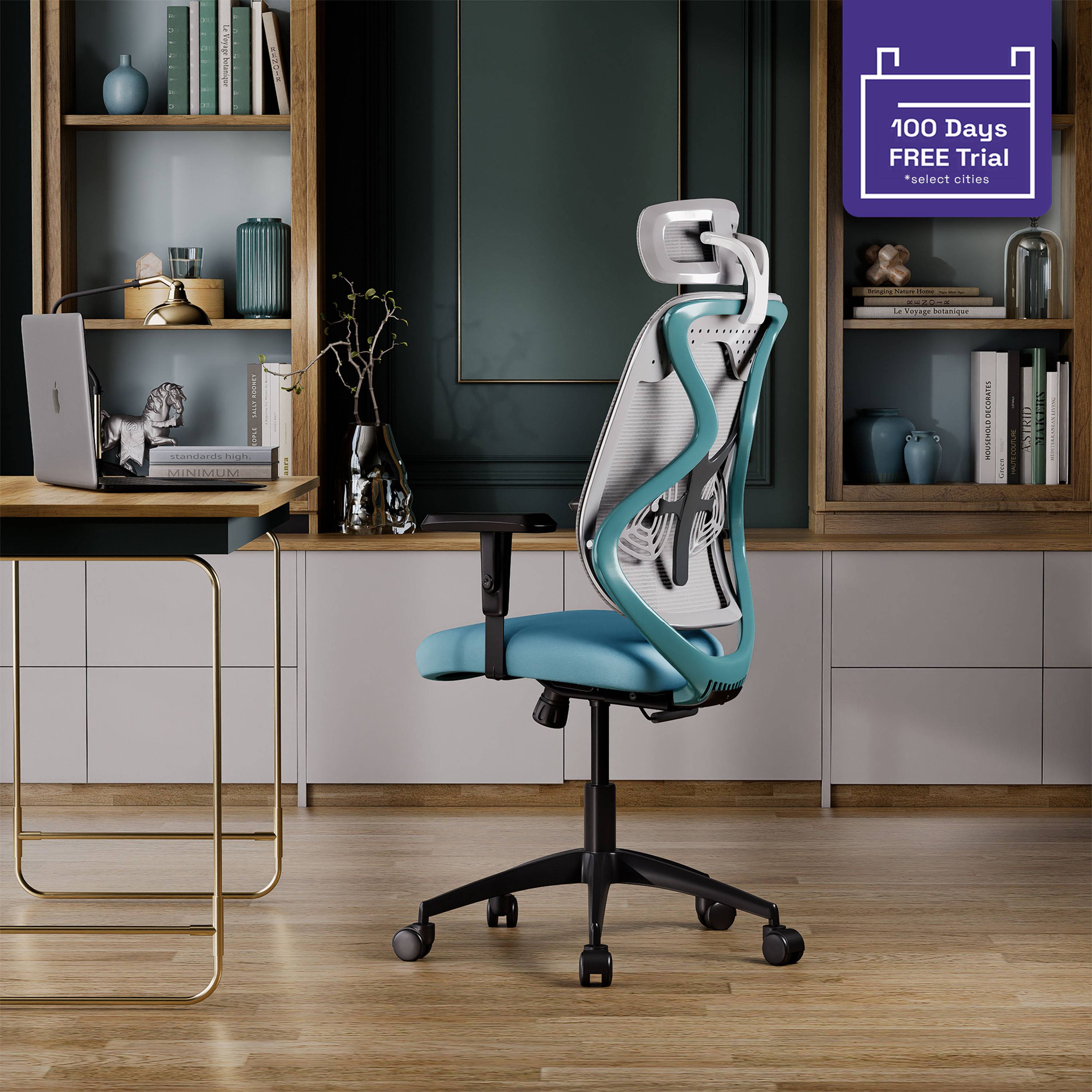 Gravita High Back Office Chair, White and Sea Green Body, Nylon Base, Multi Lock mechanism