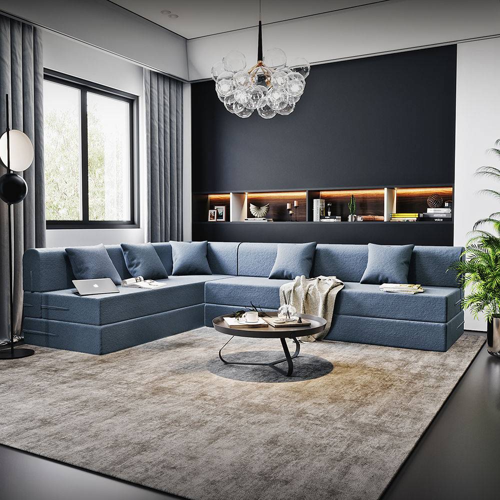 Flipper L - Shape Sofa Cum Bed 6 Seater (3 Seater + Right Aligned Chaise) - Omega Blue