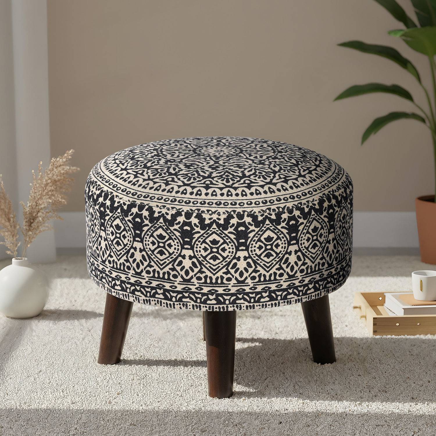 Icra Blue Ethenic Print Wooden Ottoman