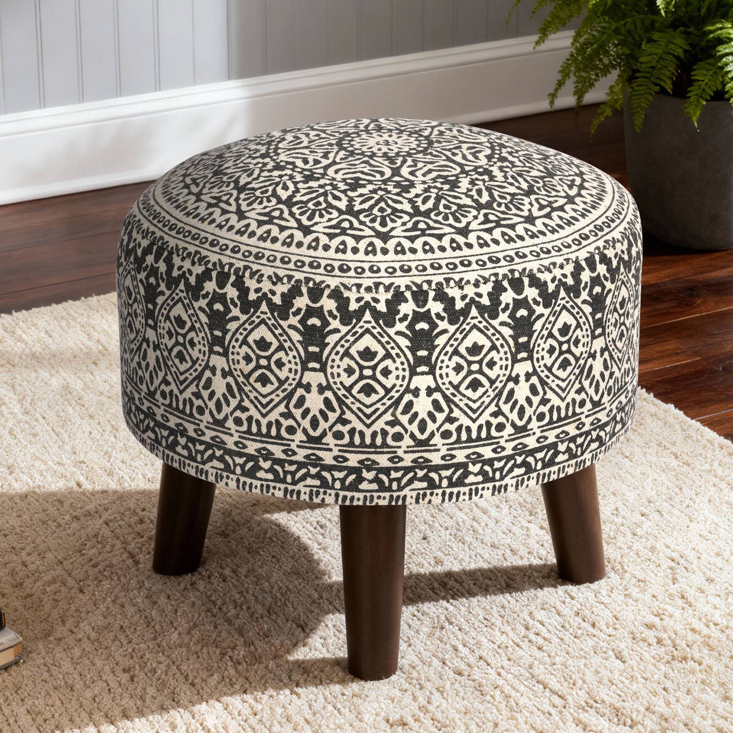 Icra Grey Ethenic Print Wooden Ottoman