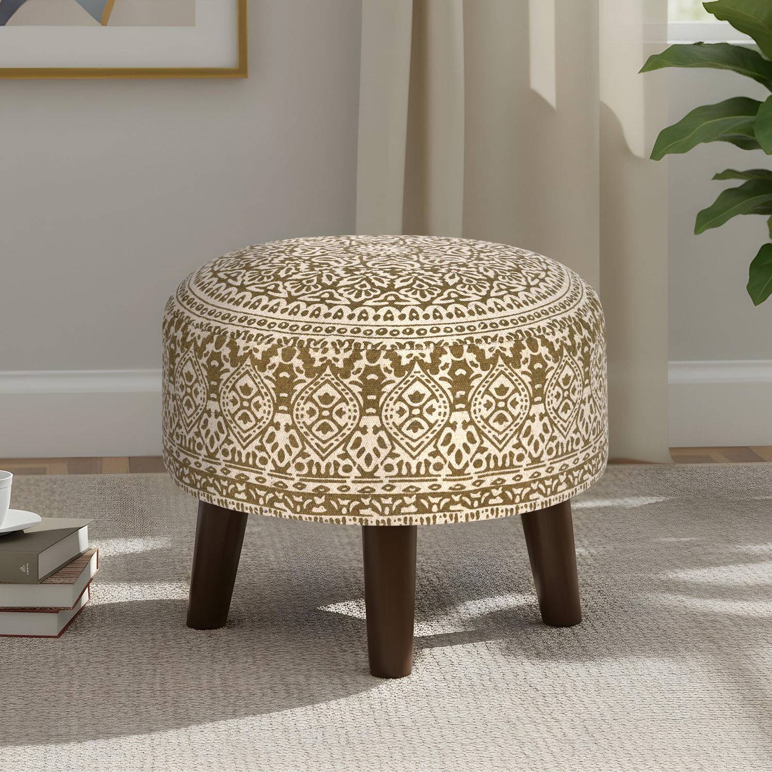 Icra Yellow Ethenic Print Wooden Ottoman