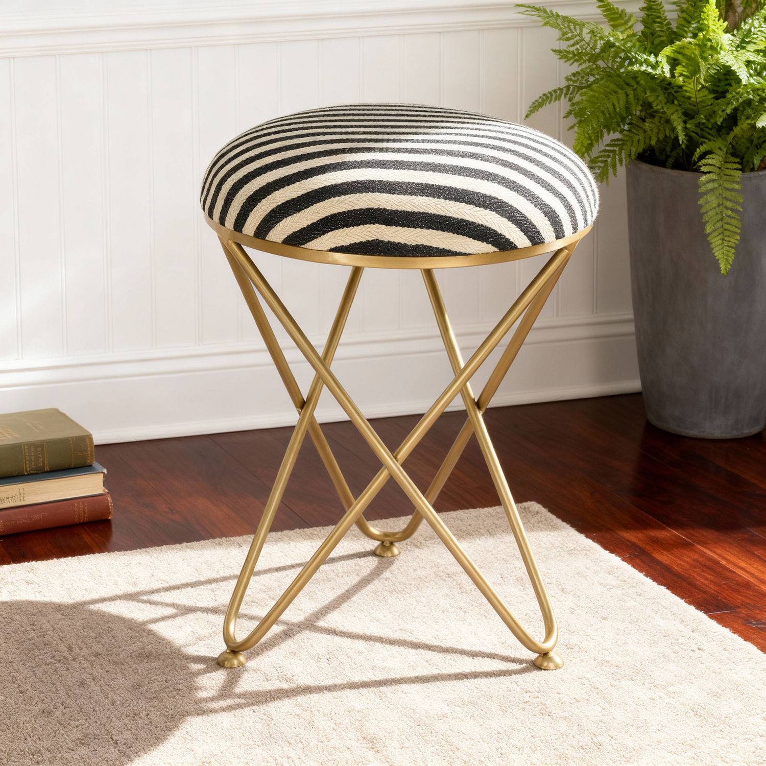 Seti Black and White Cross Leg Metallic Ottoman