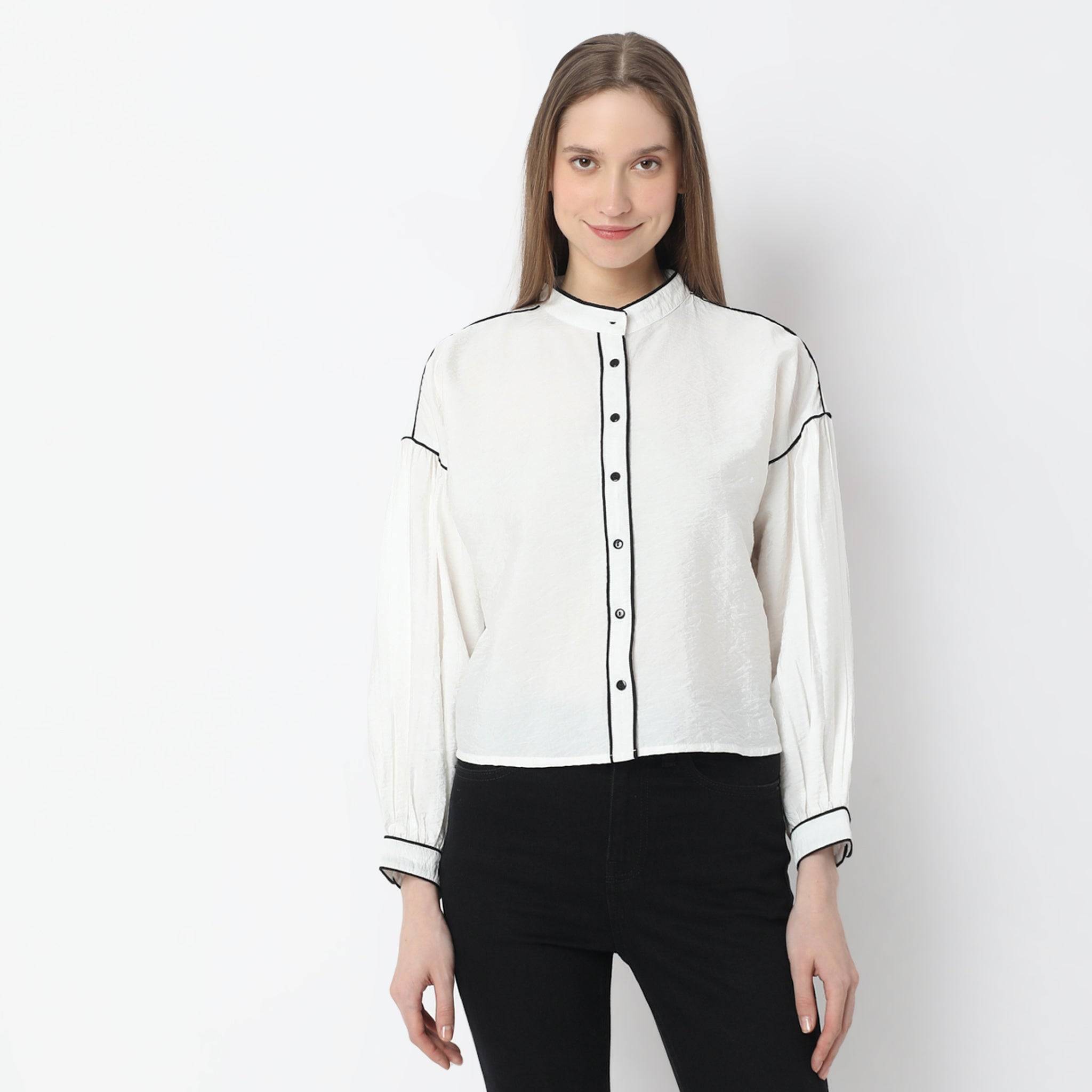 Solid Full-Sleeve Casual Shirt With Black Piping