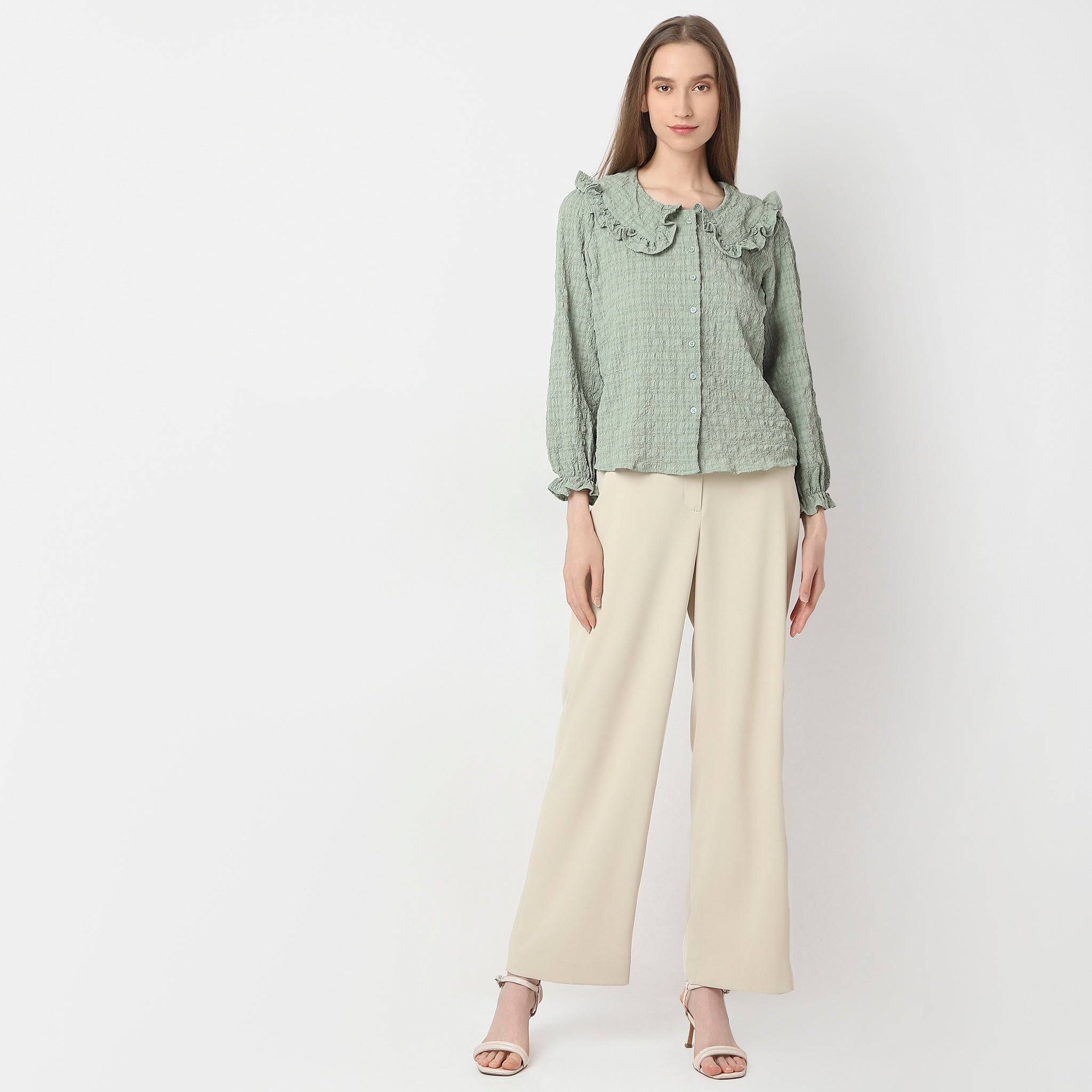 Full Front Button Placket Peter Pan Collar With Ruffle Trim Shirt