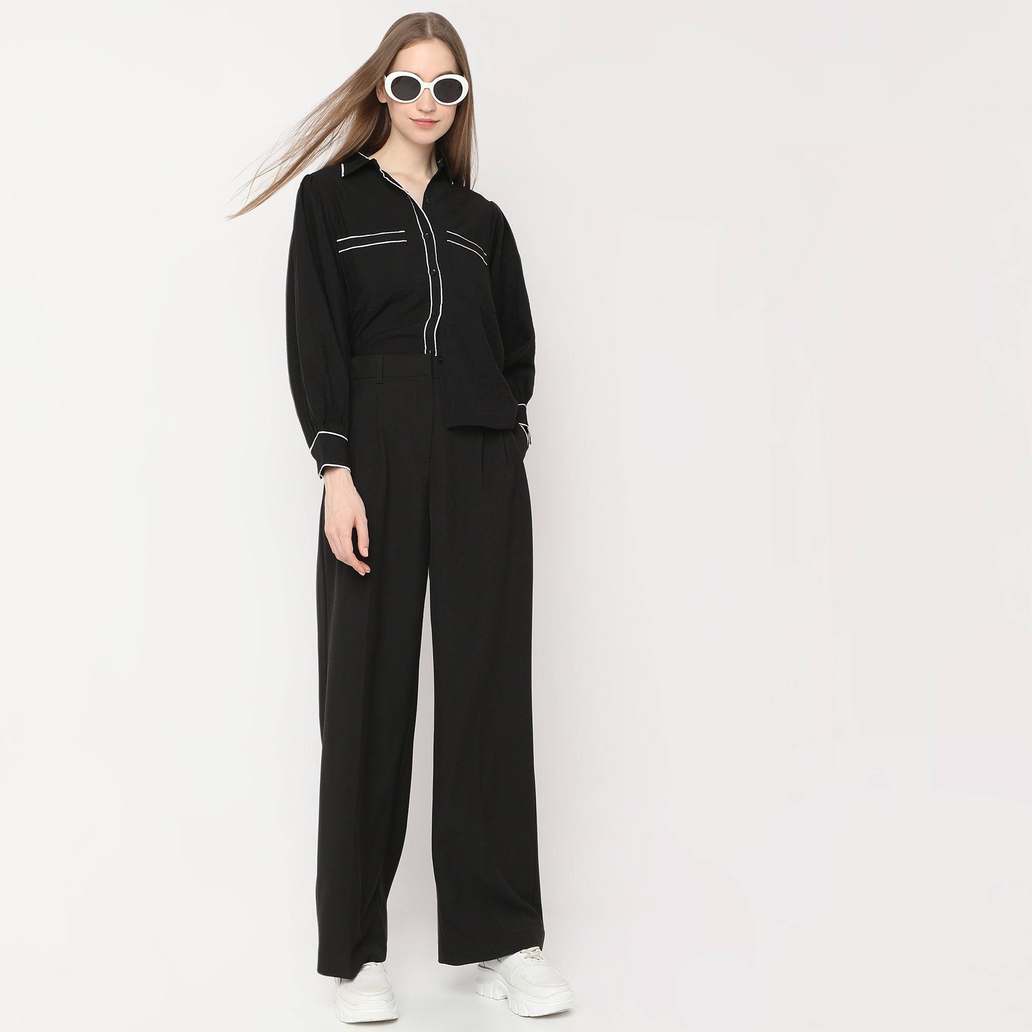 Hip Length Button-Down Shirt With Contrast Piping