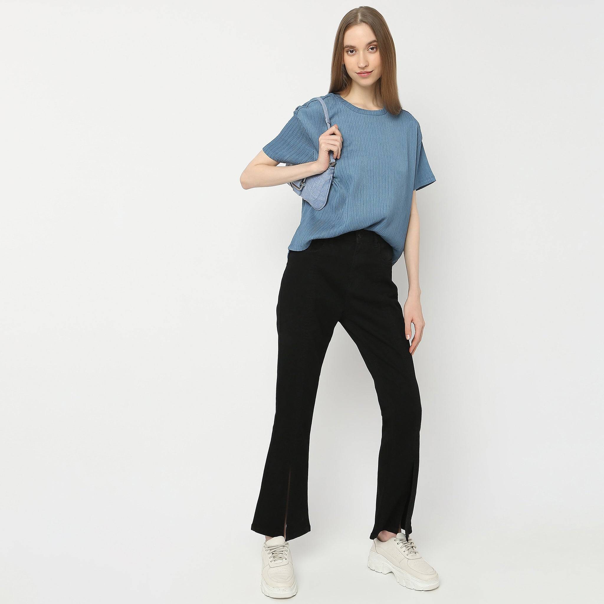 Round Neck Short Sleeves Strip Structured Shirt