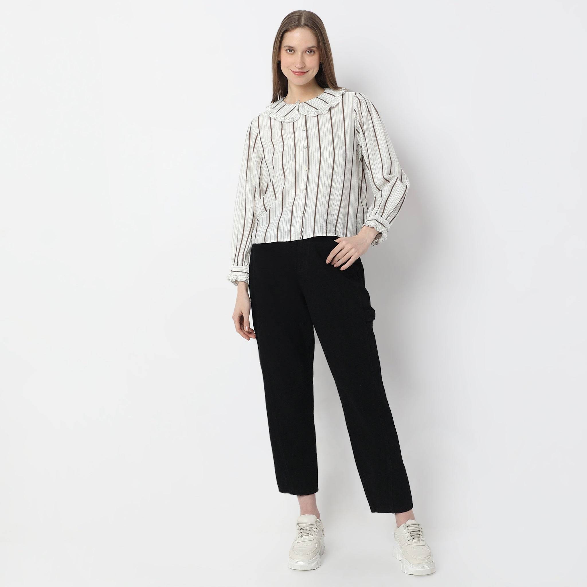 Striped Full-Sleeve Layered Collar Casual Shirt