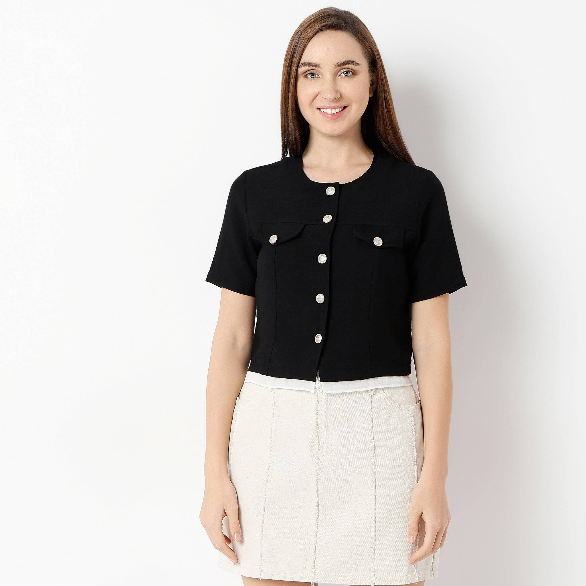 Round Neck Short Sleeve Solid Shirt With Button Highlight