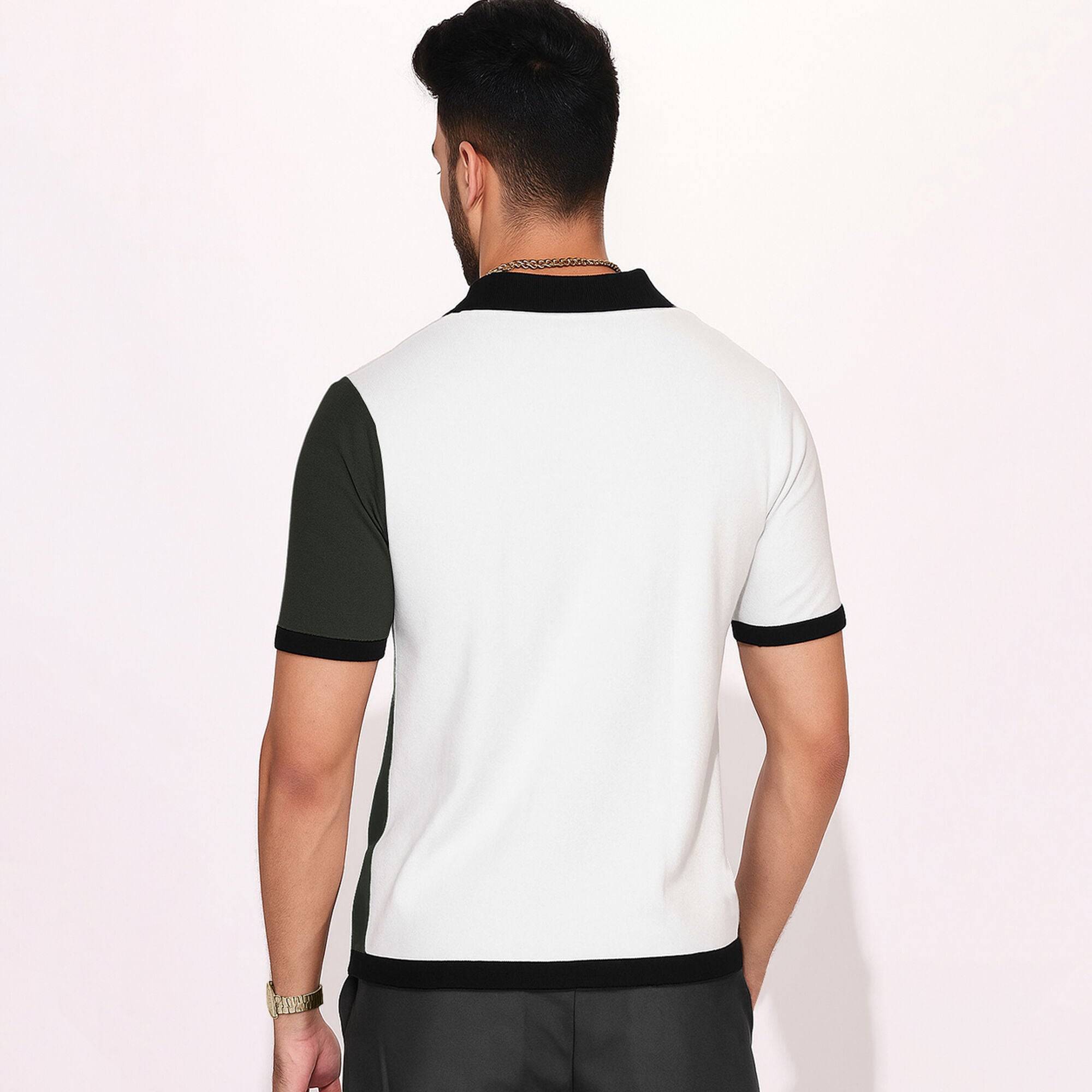 Half Sleeve Contrast Coller Quarter Zip Polo T-shirt Multicolor