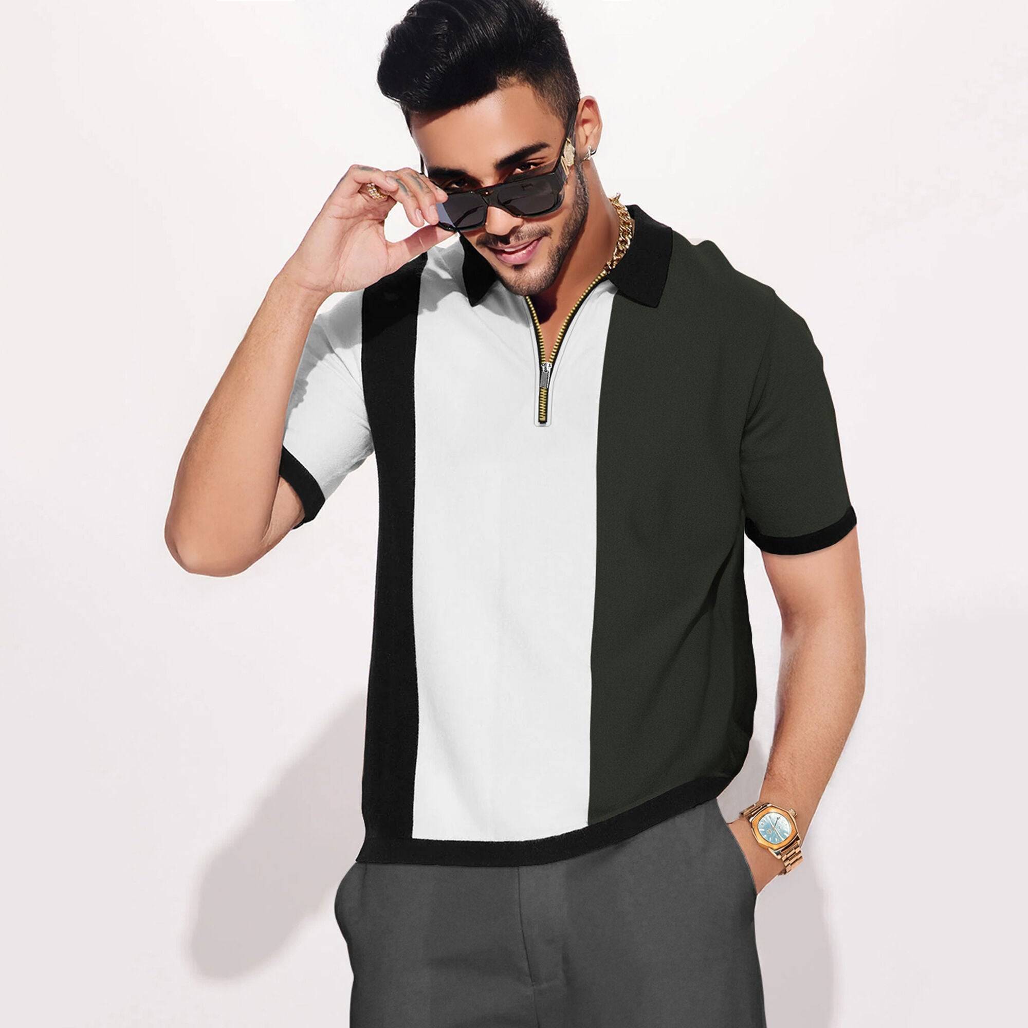 Half Sleeve Contrast Coller Quarter Zip Polo T-shirt Multicolor