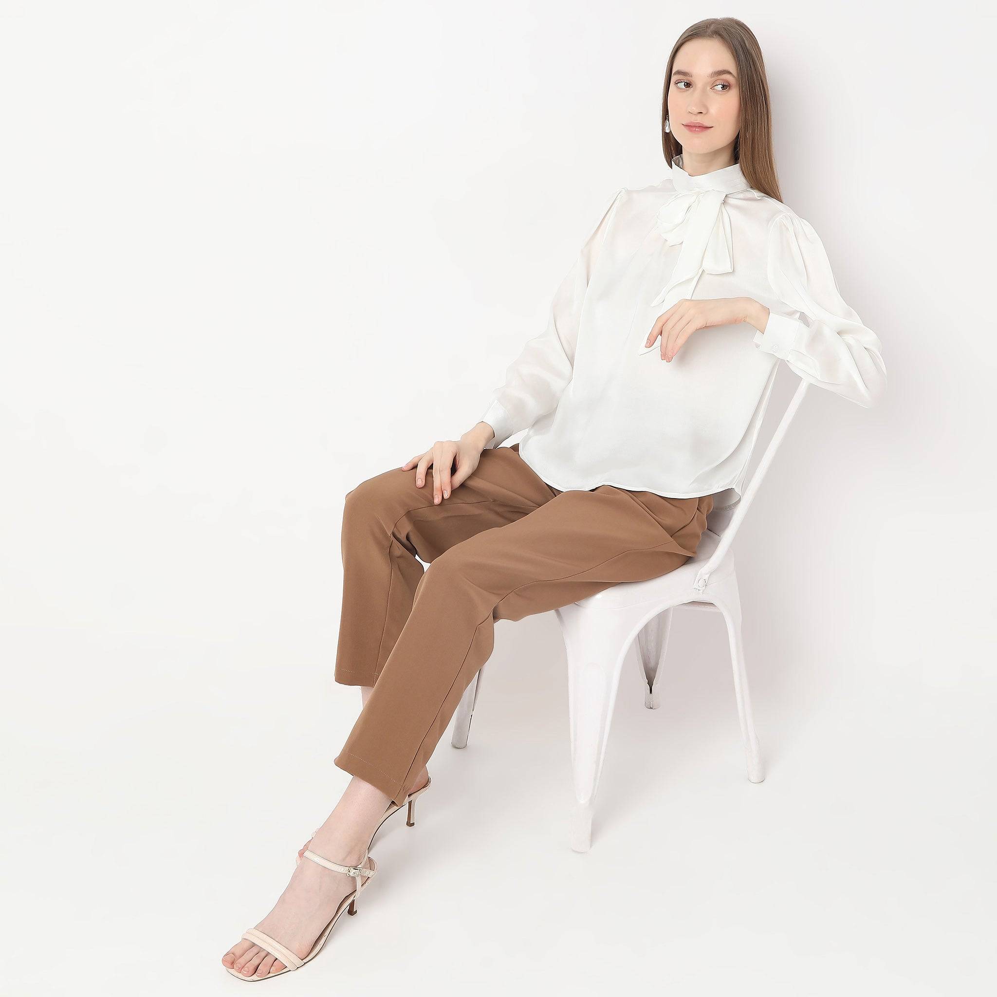 Solid Pussy Bow High Neck Full Sleeve Top