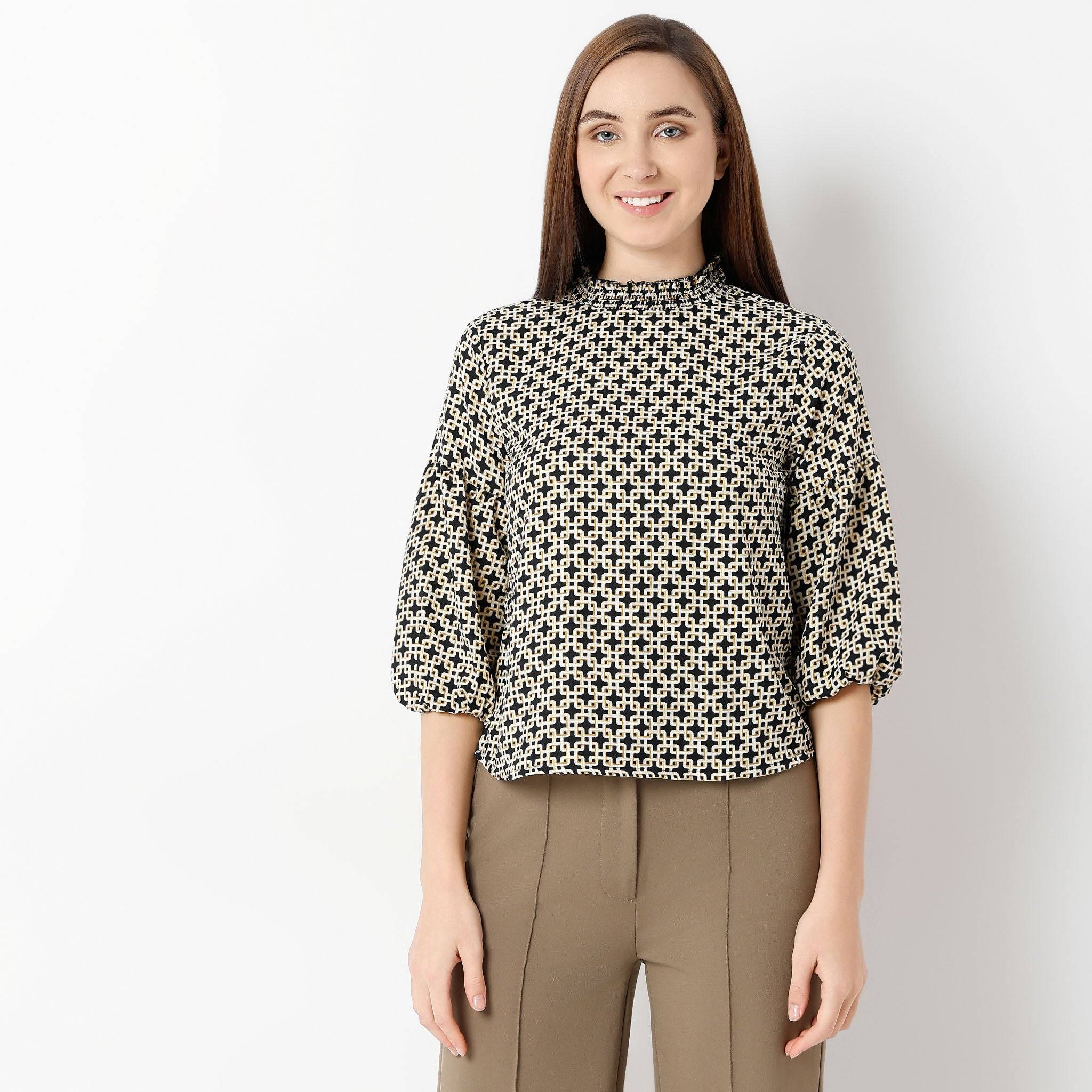 Round Neck Three-Fourth Flared Sleeve Printed Top