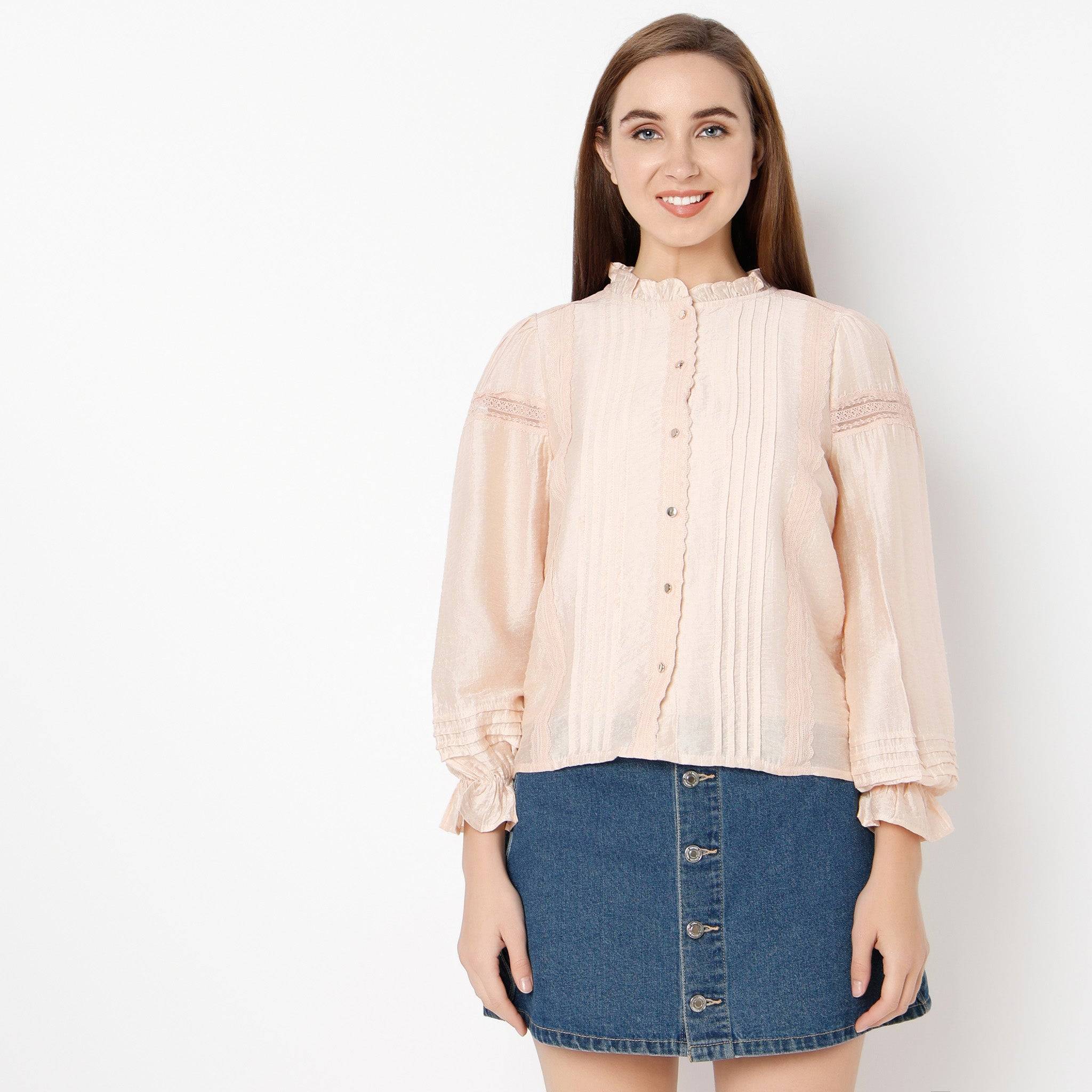 Band Neck Full Sleeve Lace Bishop Top