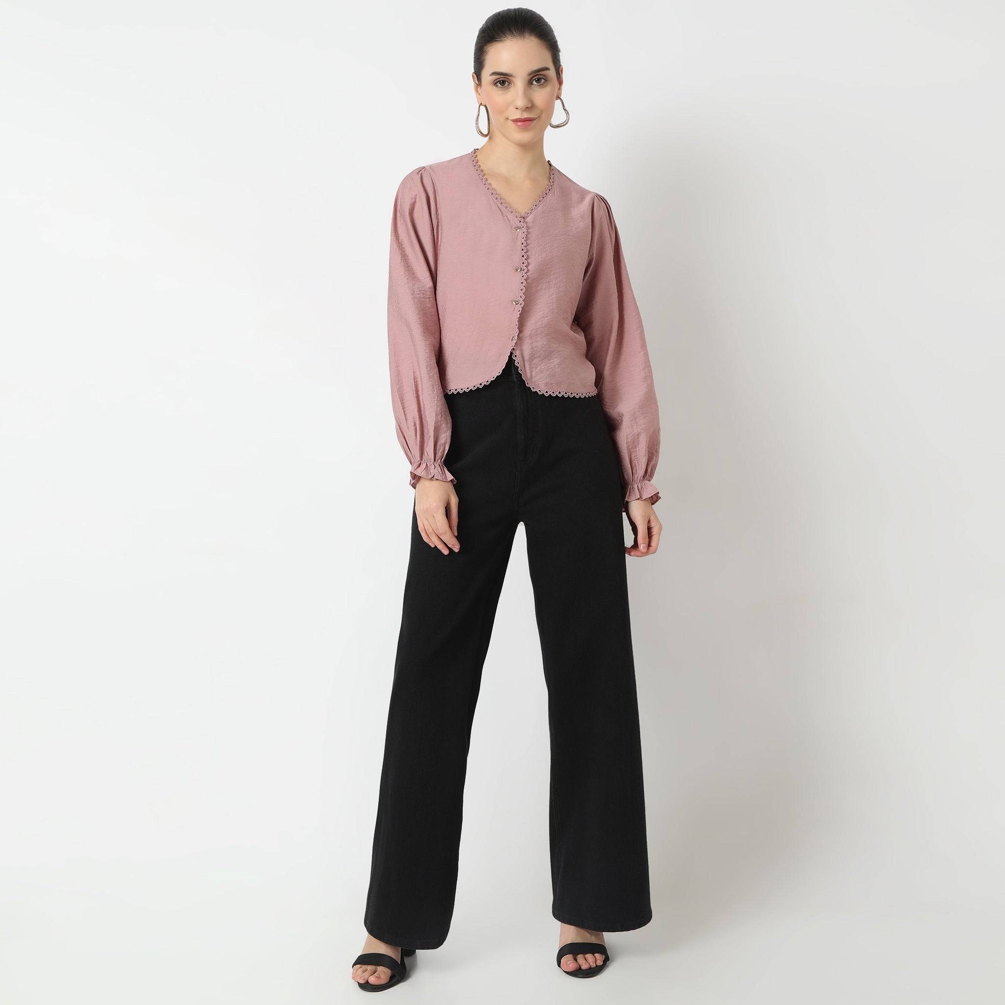 Solid Full Sleeve V-Neck Top