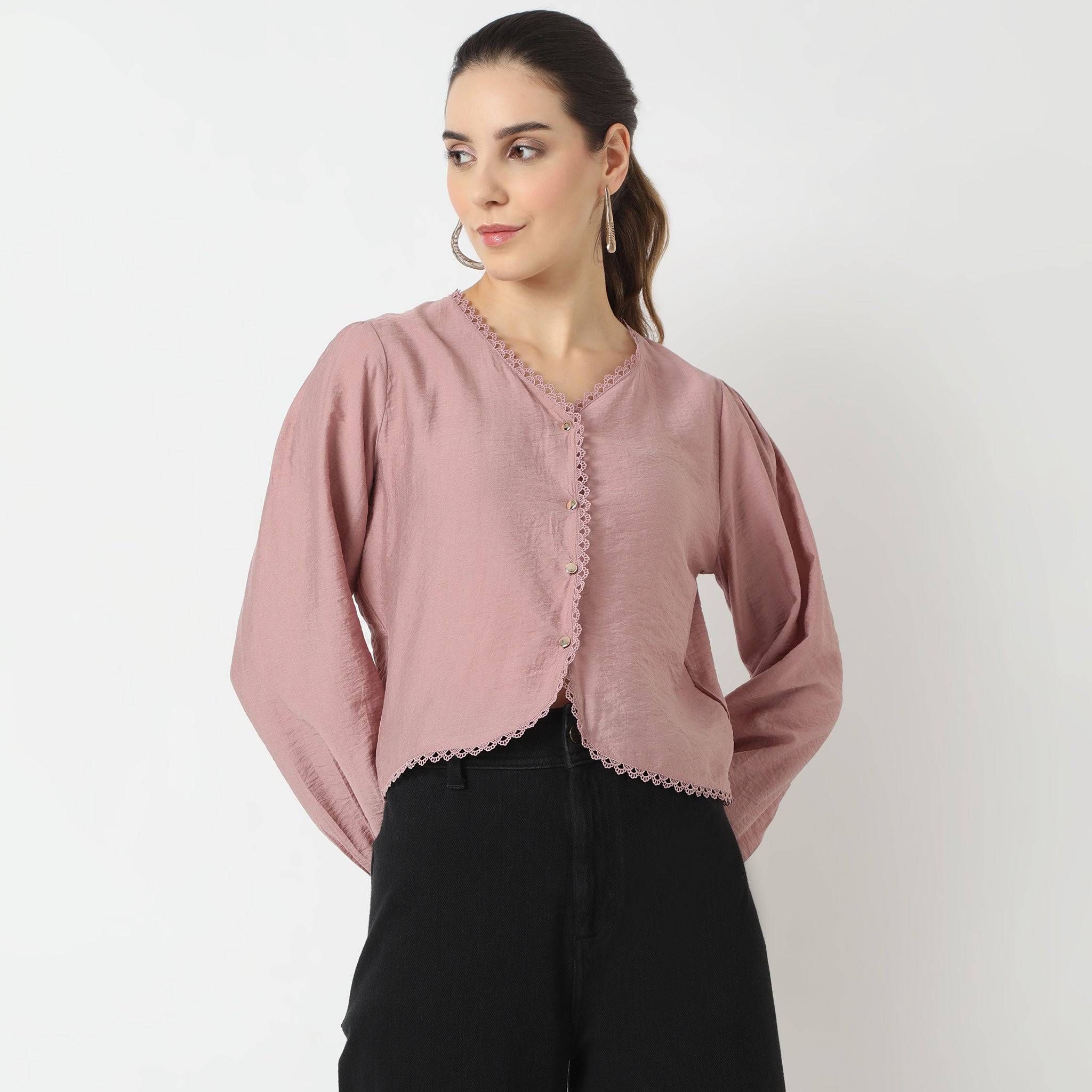 Solid Full Sleeve V-Neck Top