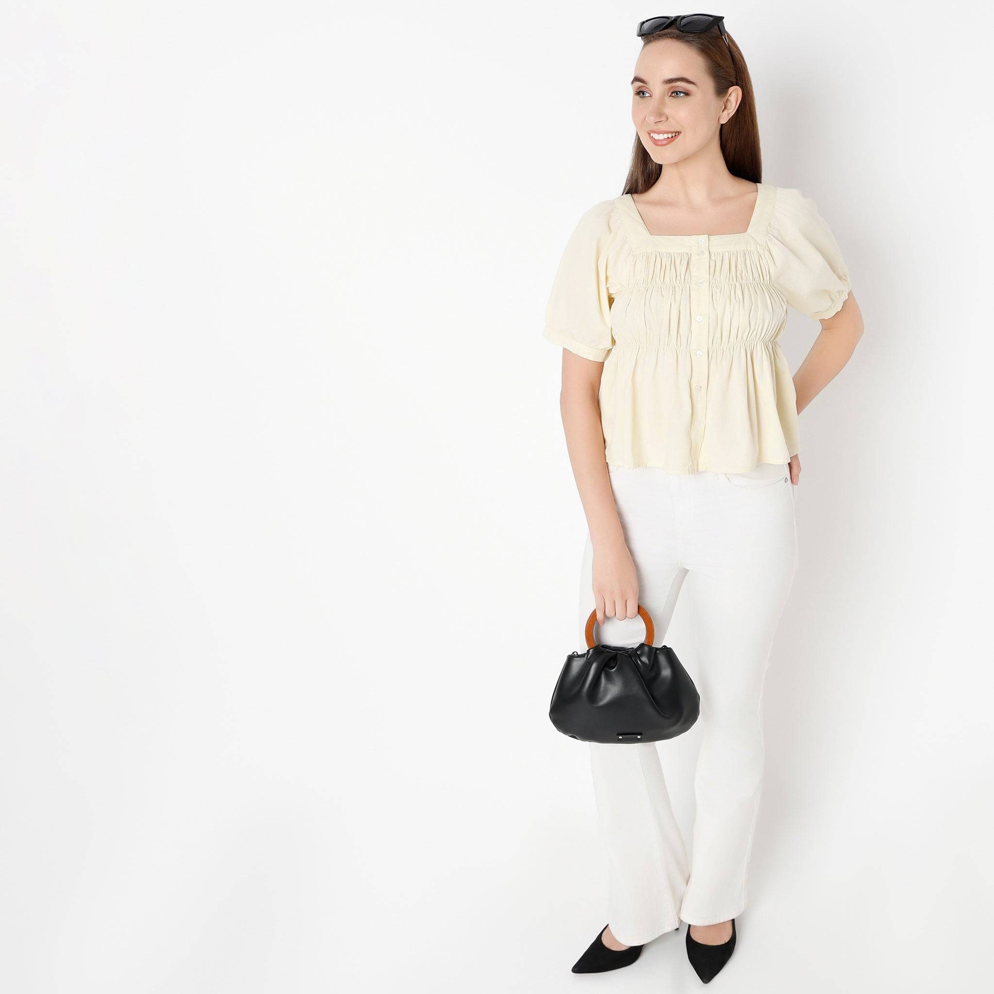 Square Neck Half Sleeve Solid Smocked Top