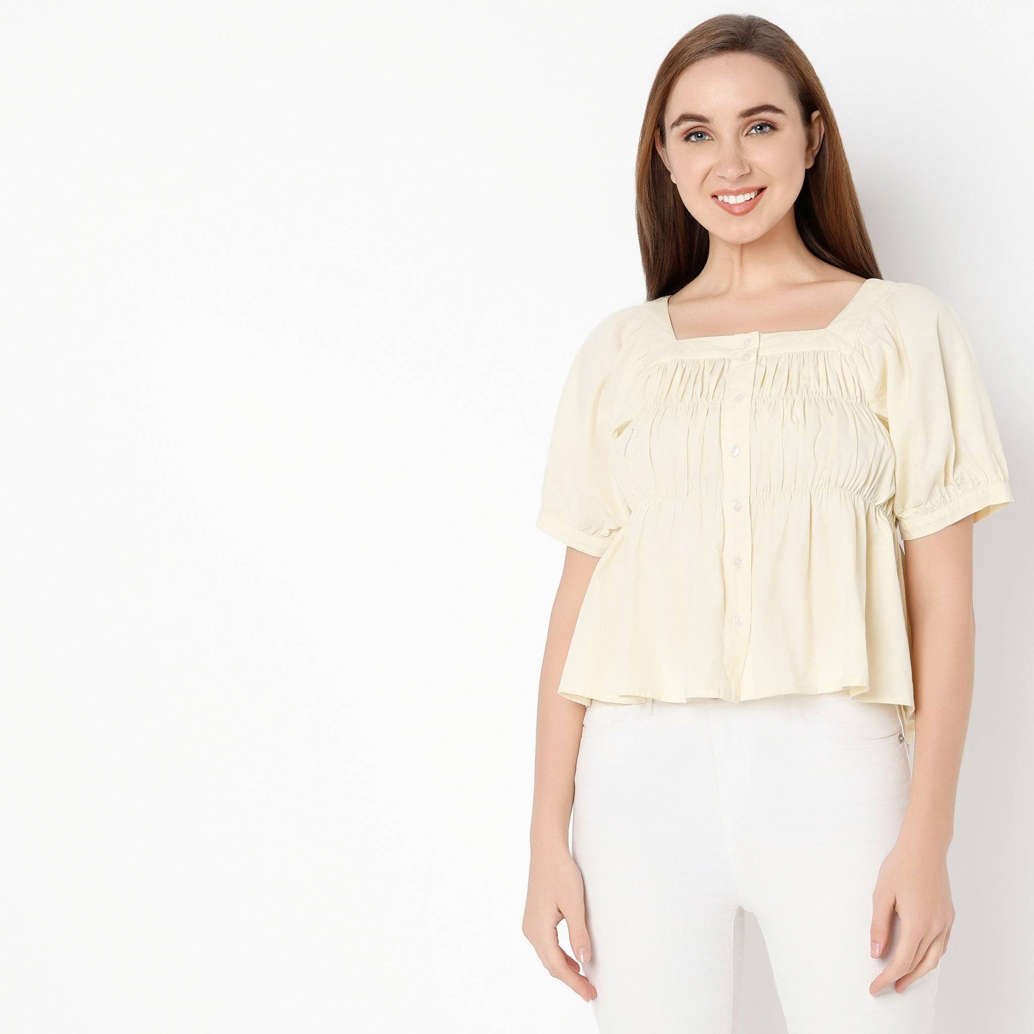 Square Neck Half Sleeve Solid Smocked Top