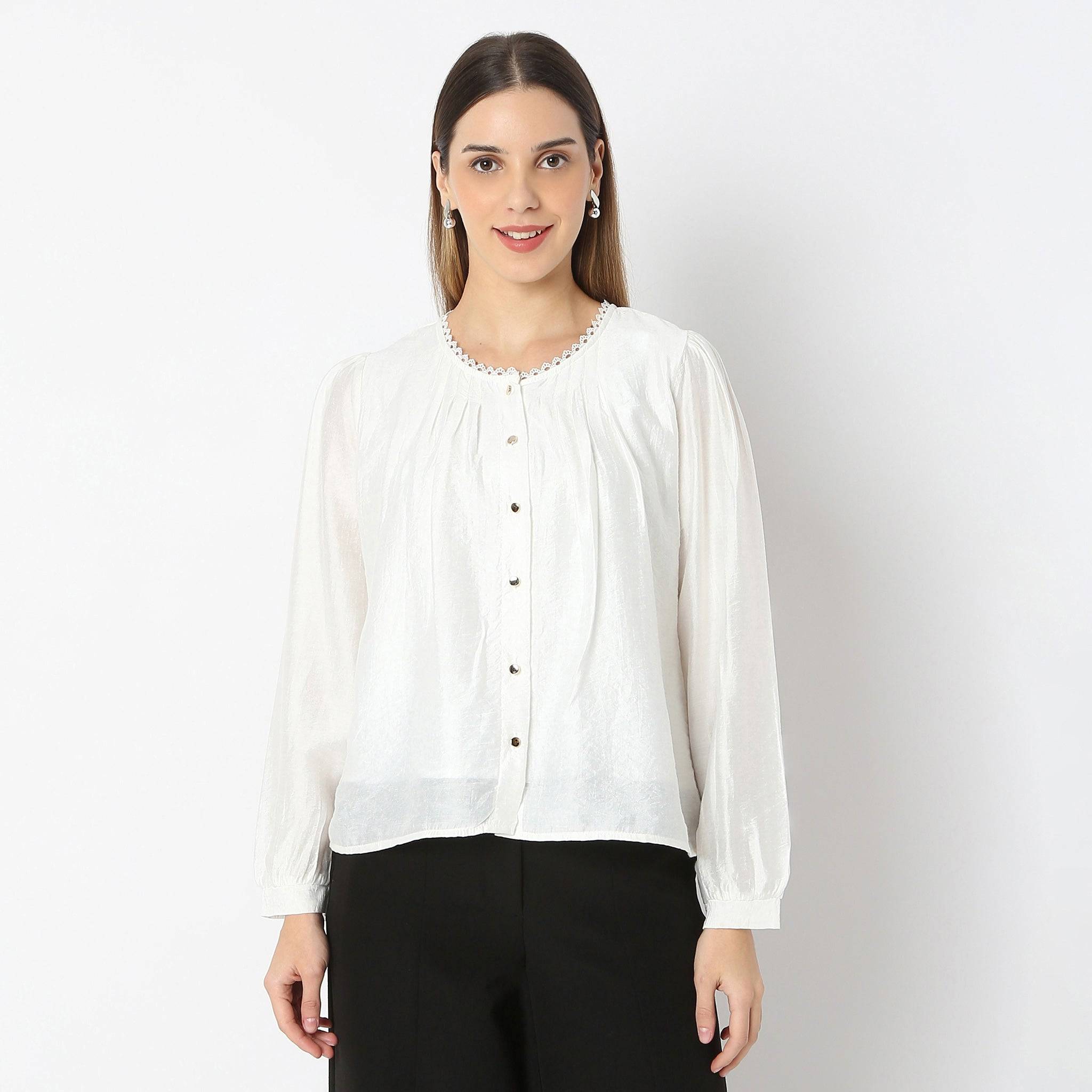 Solid U-Neck Full Sleeve Woven Top