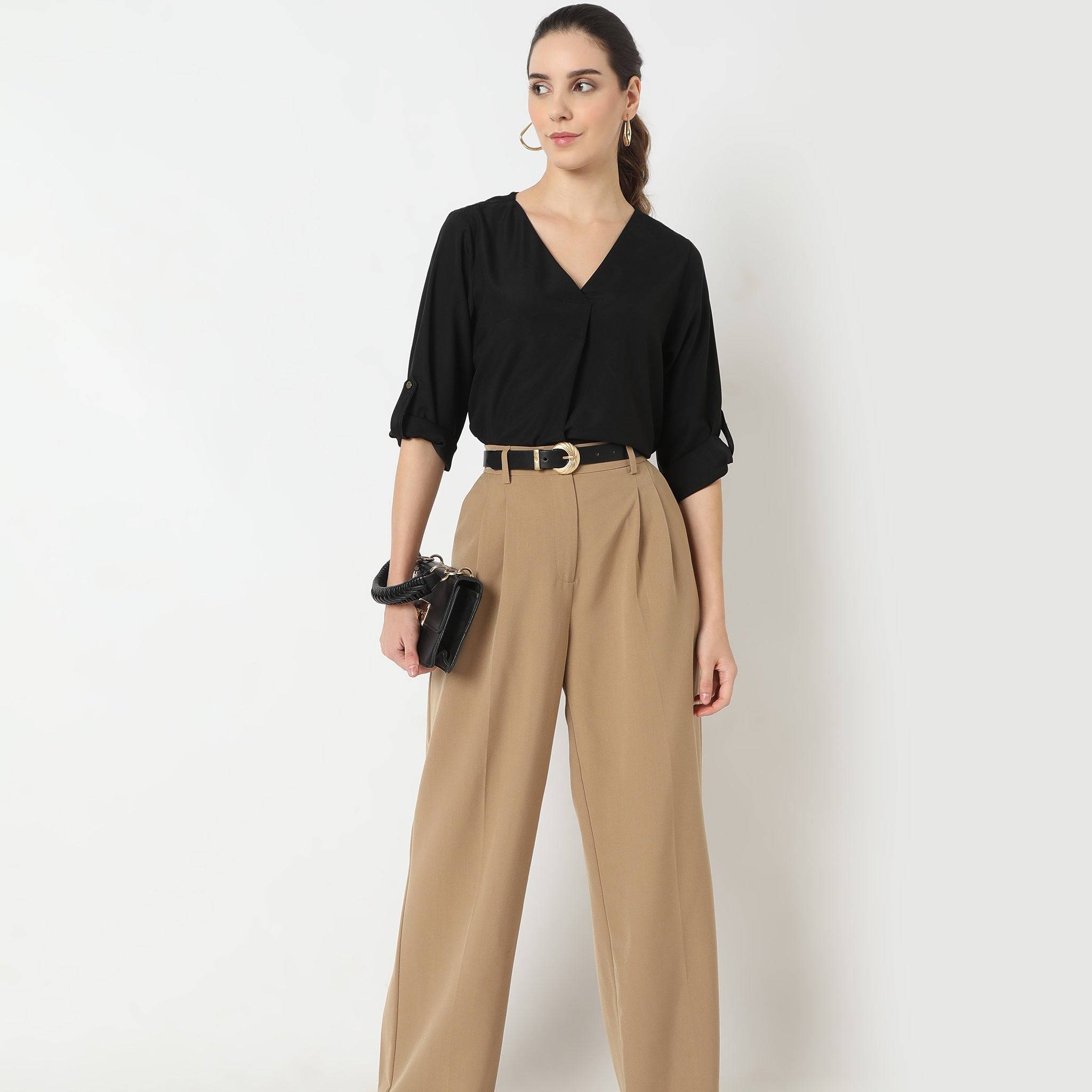 Solid Three-Fourth Sleeve V-Neck Top