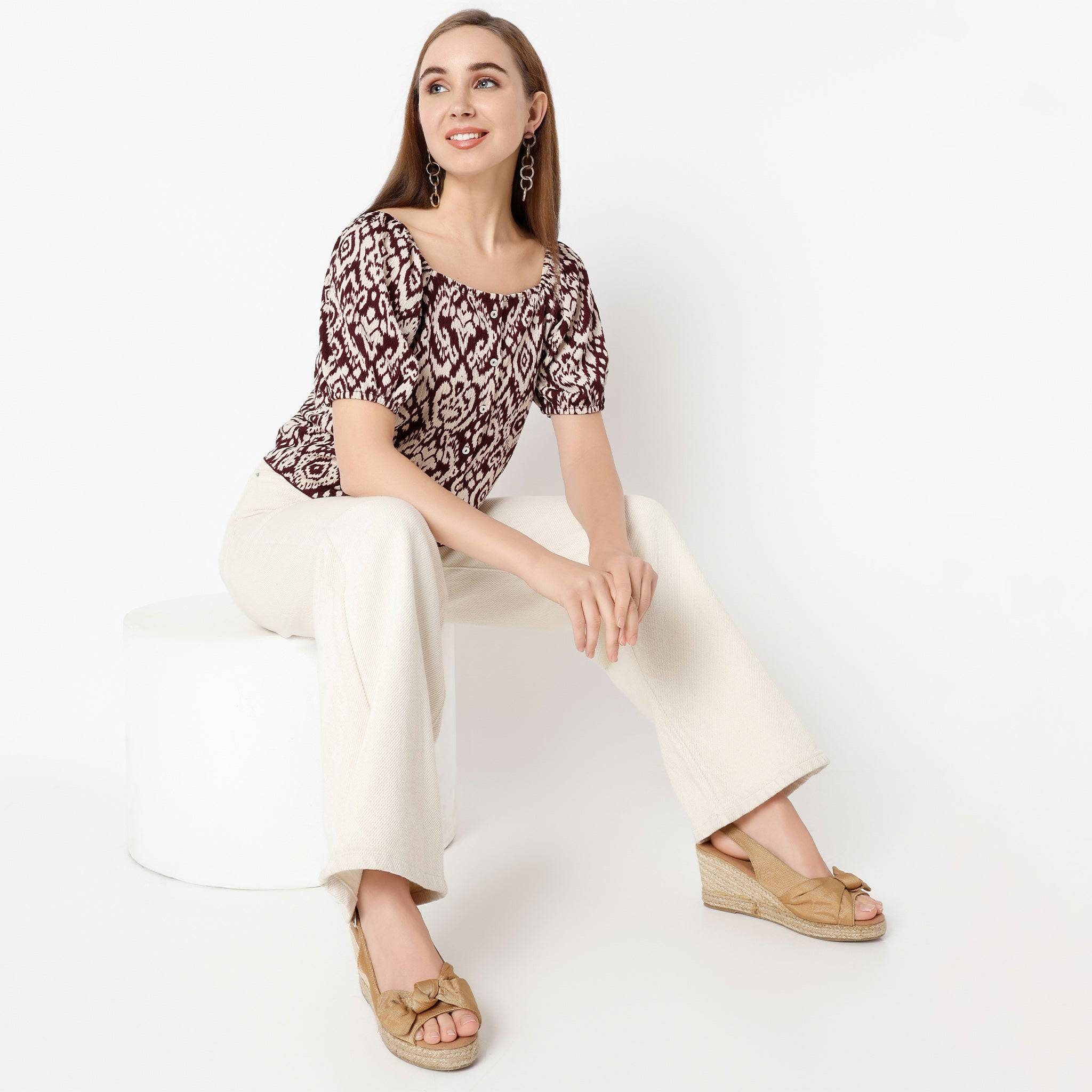 Sweat Heart Neck Flared Sleeve Printed Top