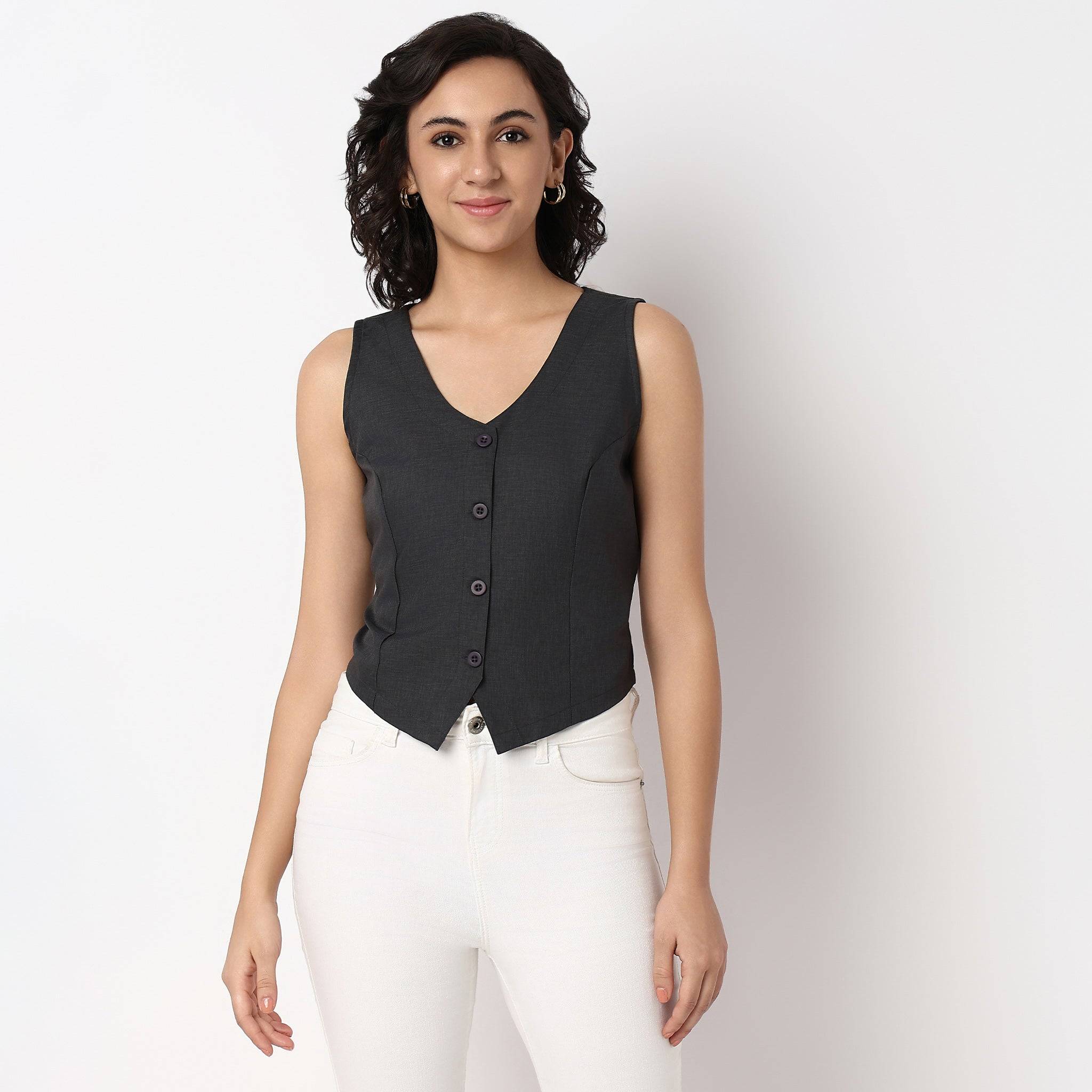 Woven V-Neck Sleeveless Top