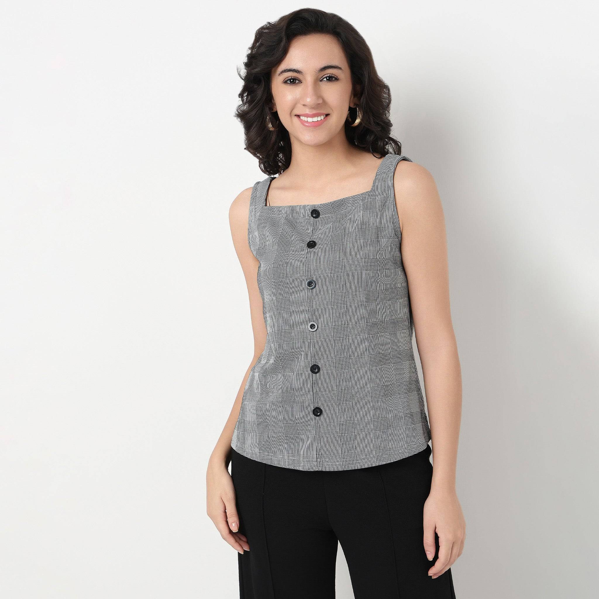 Checkered Square Neck Slim Fit Tops