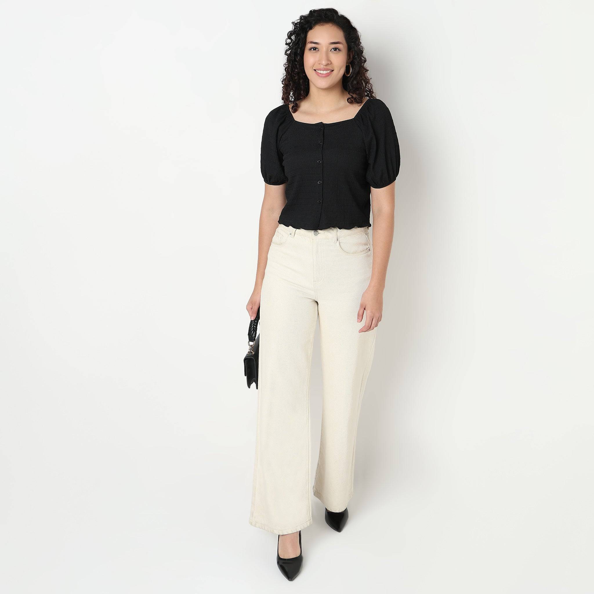 Structured Cropped Top with Puff Sleeves