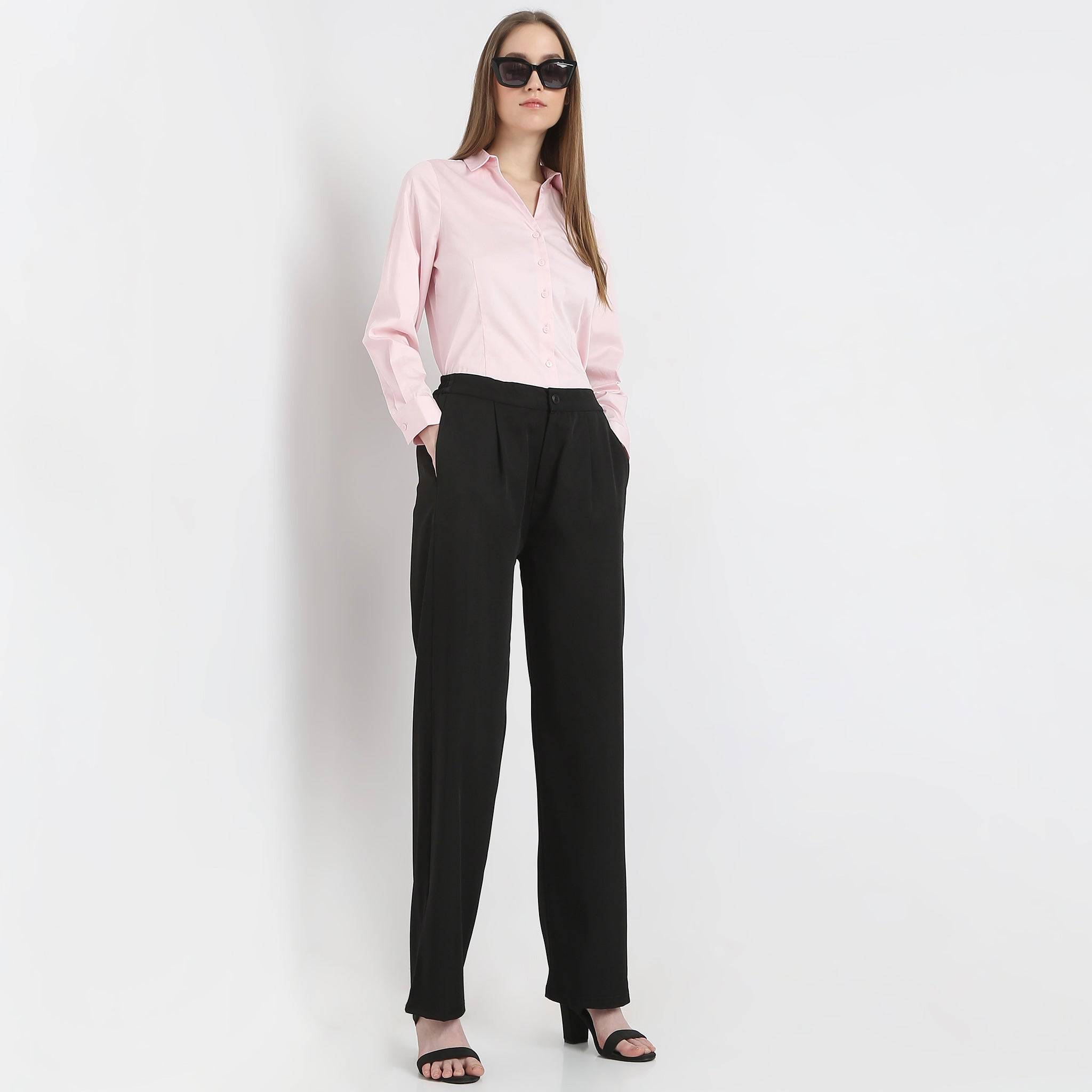 Solid Straight High Rise Trousers