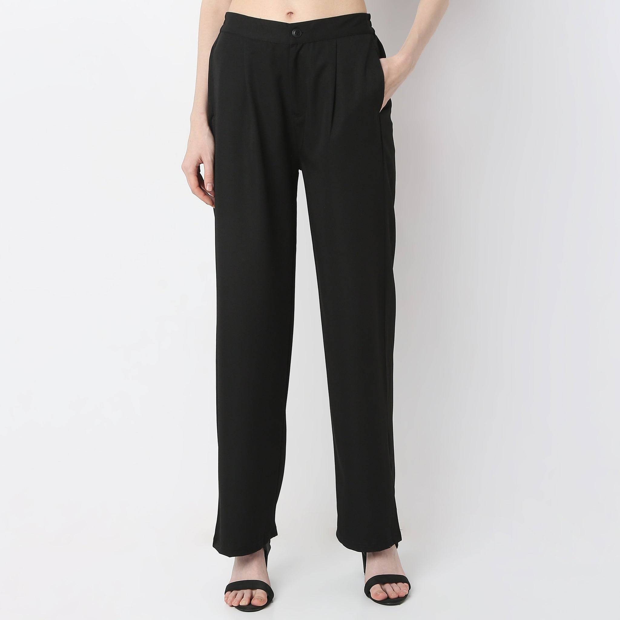 Solid Straight High Rise Trousers