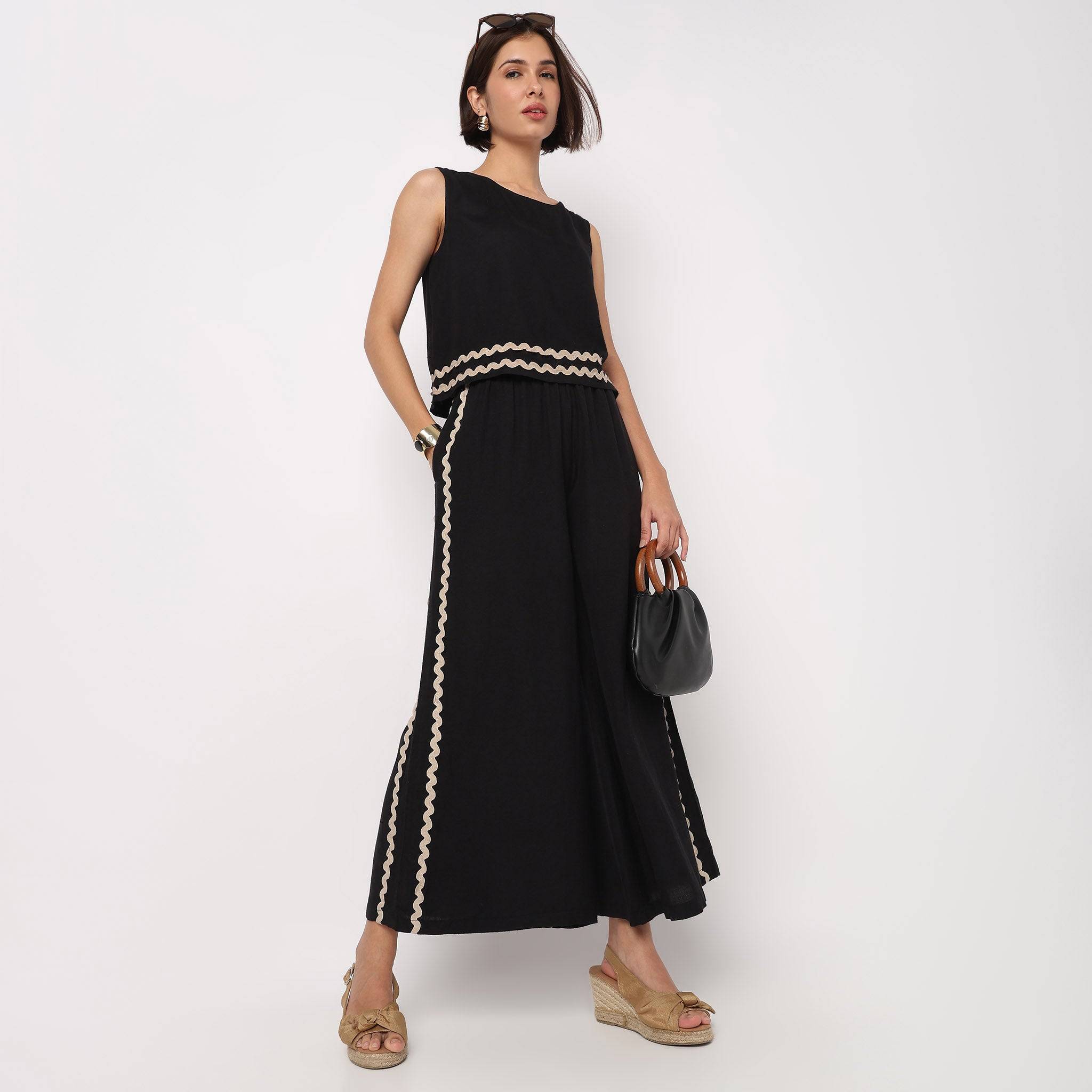 Flare High Rise Ricrac Cotton Trousers