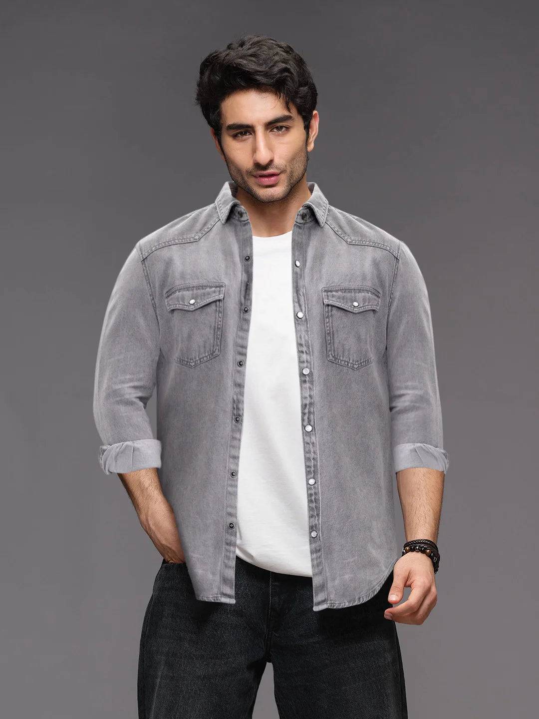 Men's Washed Slim Fit Denim Shirt | Grey