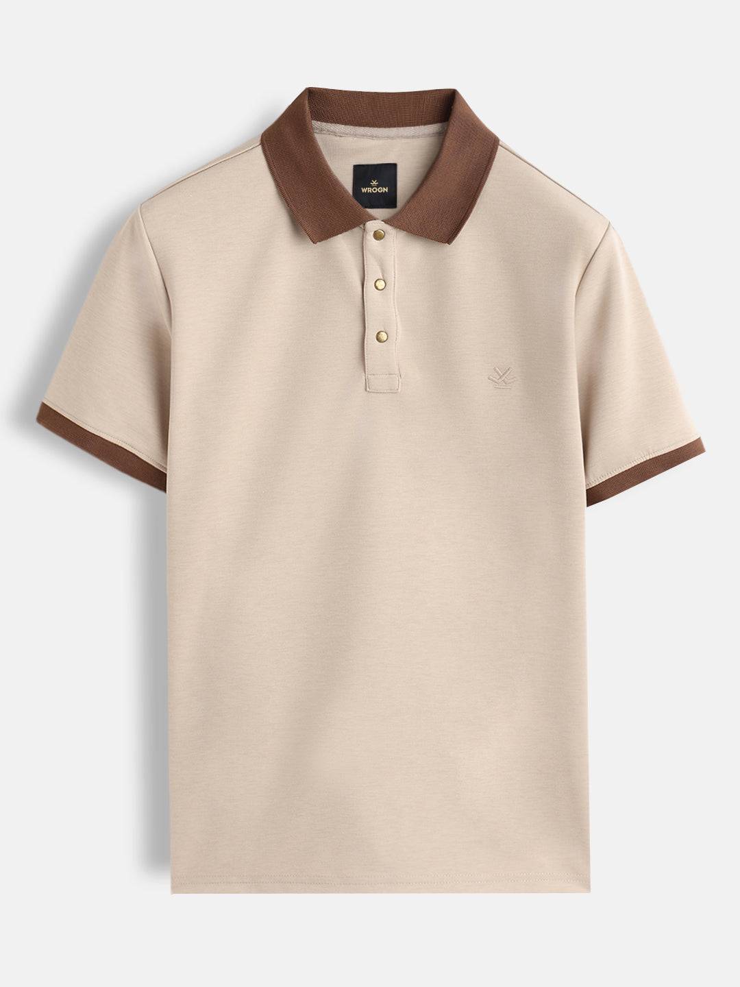 Men Slim Fit Polo Collar T-Shirt With Contrast Collar | Beige