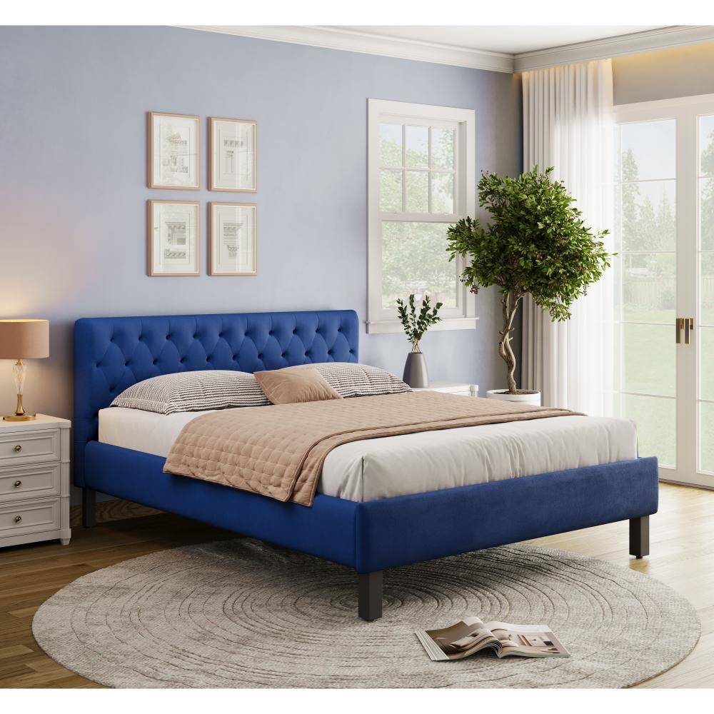 Solis Upholstered Queen Bed without Storage (velvet blue) (78x60 inch)