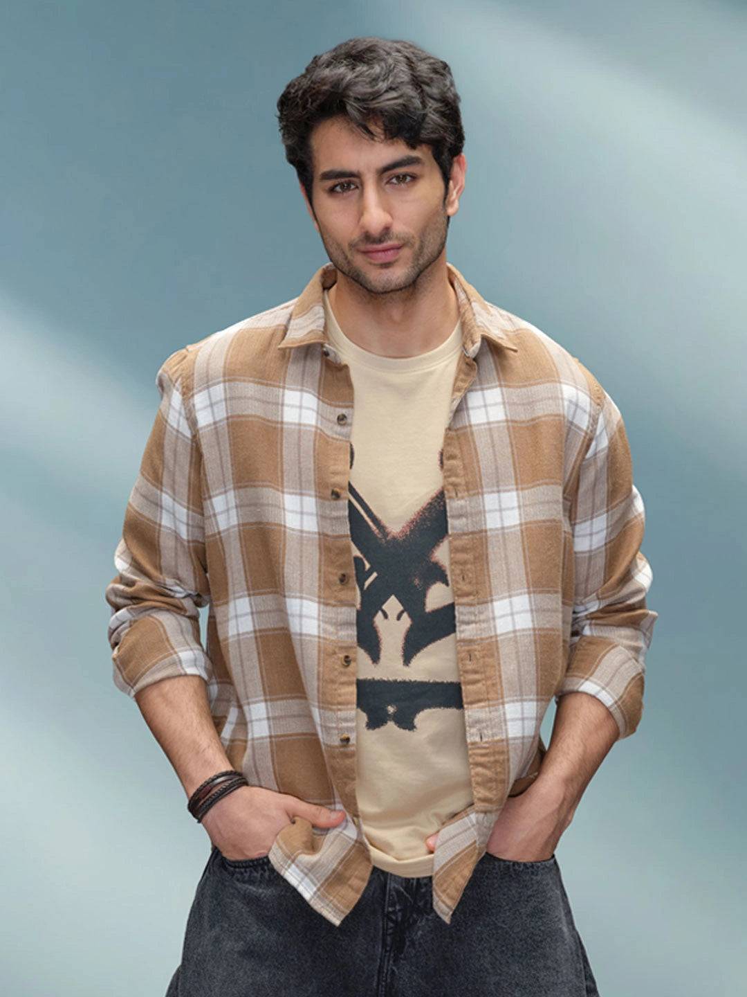 Double Layered Check Slim Fit Shirt | Brown