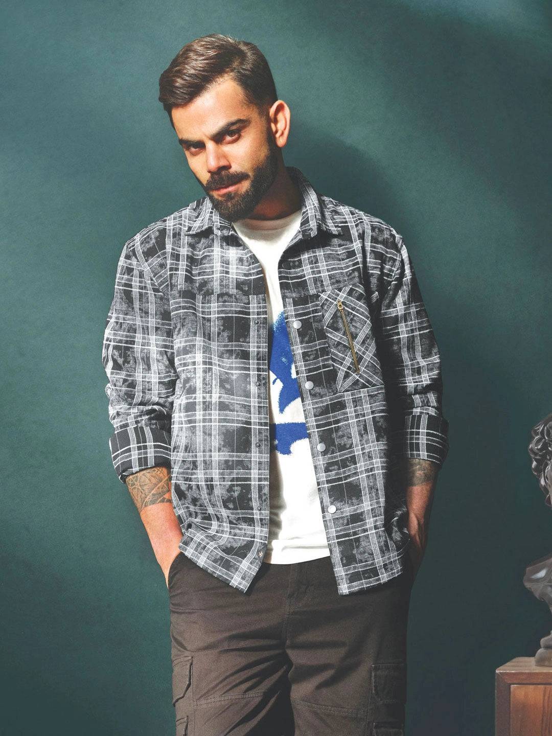 Wash Printed Overshirt With Chenille Yarn Check | Black