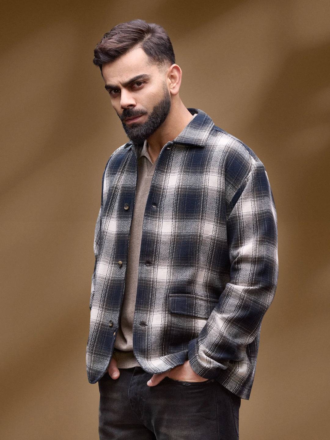 Men's Casual Regualr Fit Checkered Pattern Shacket | Black