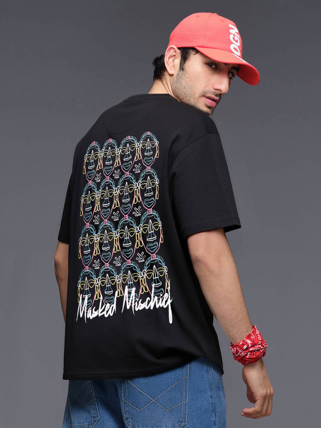 Masked Mischief Multicolour Back Print T-Shirt | Black