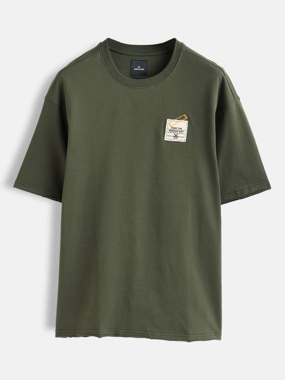 Solid Oversized T-Shirt With Printed Canvas Patch And Raw Edge Detail | Olive