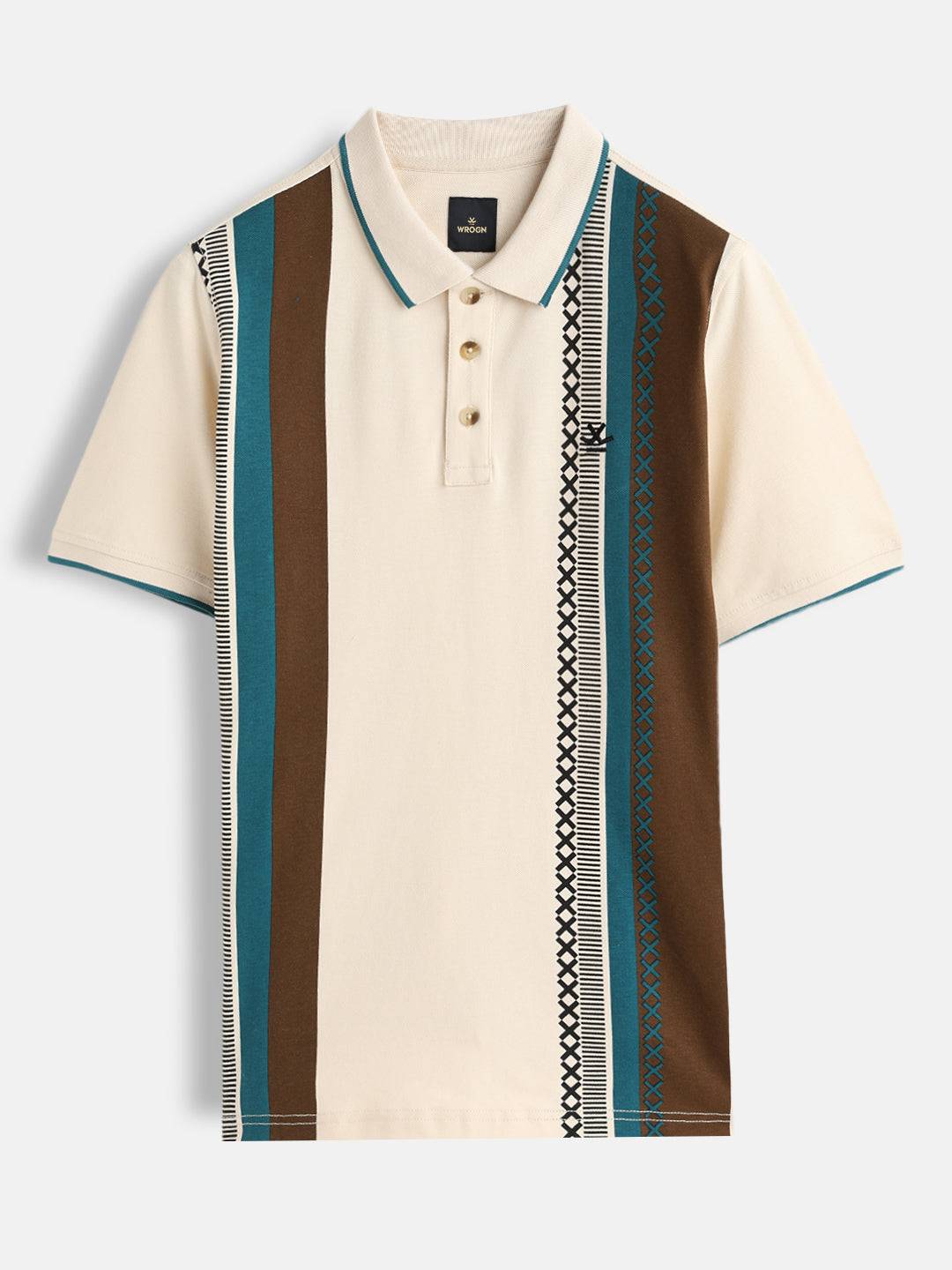 Cross-Stitch Inspired Printed Striped Slim Fit Shirt | Beige