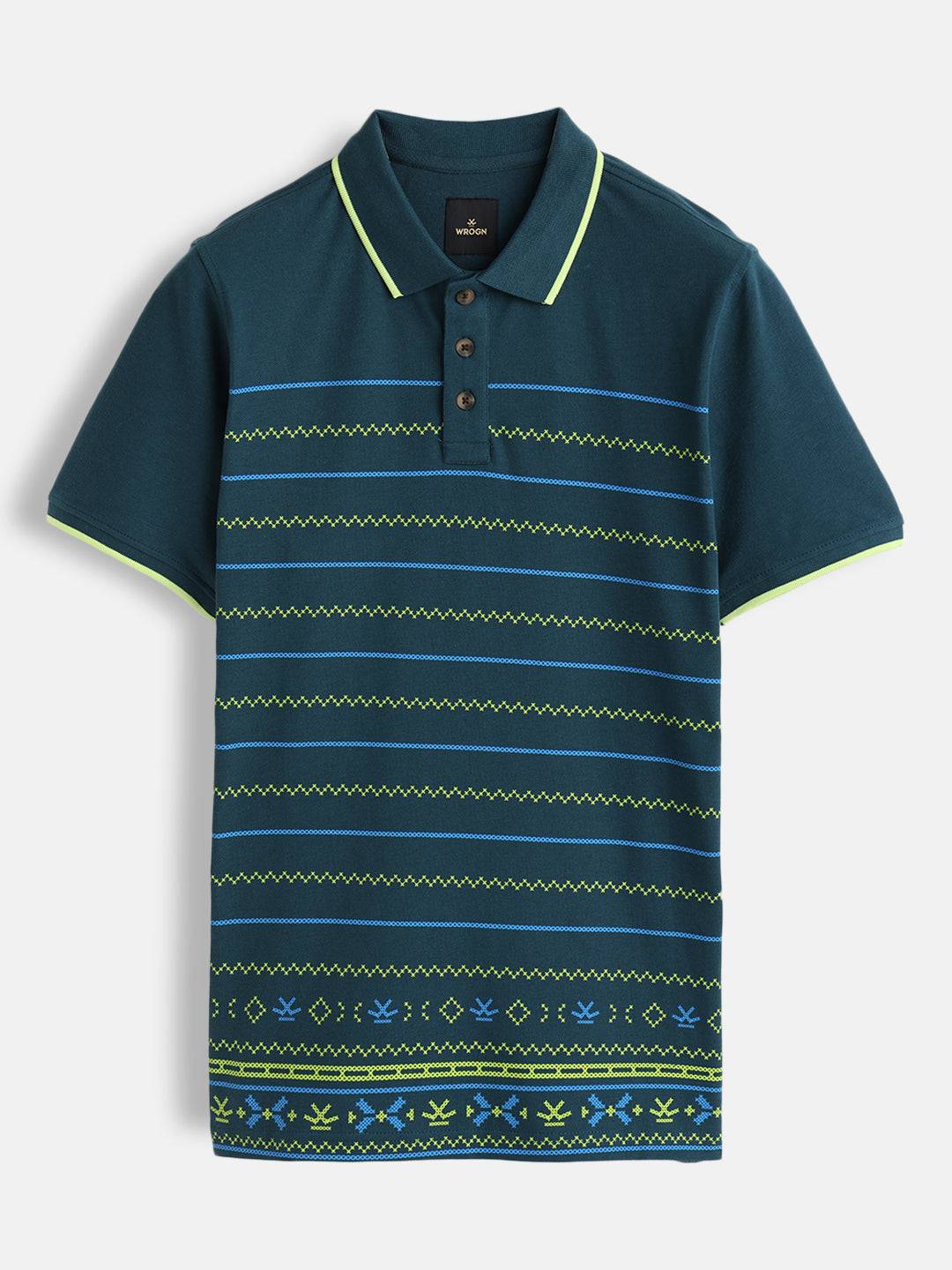 Embroidered Look Engineered Aop Polo T-Shirt  | Teal