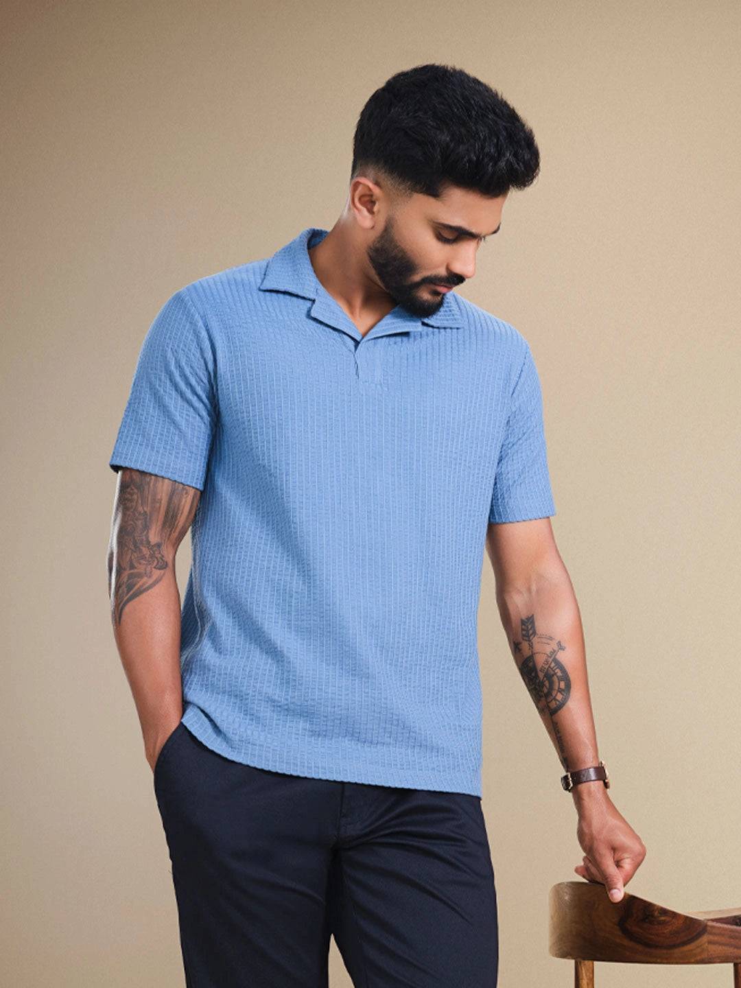 Resort Collar Textured Seersucker Fabric Polo T-Shirt | Blue