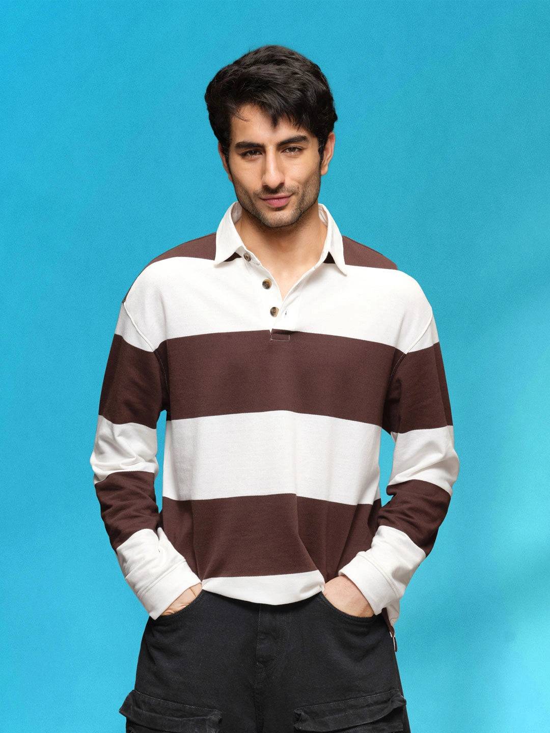 Yarn Dyed Striped Rugby Polo With Twill Collar | Brown