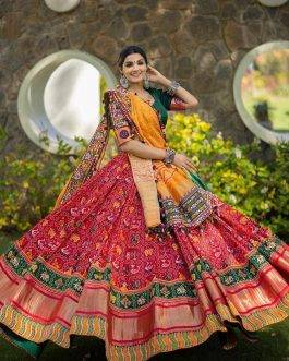 Designer Navratri Wear Red and Green Butter Silk Lehenga