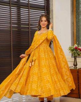 Sunshine Yellow Bandhani Flared Anarkali Kurta Set with Dupatta