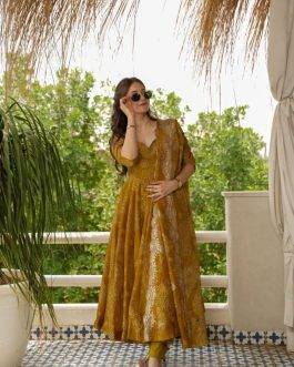 Mustard Bandhani Flared Anarkali Kurta Set with Dupatta