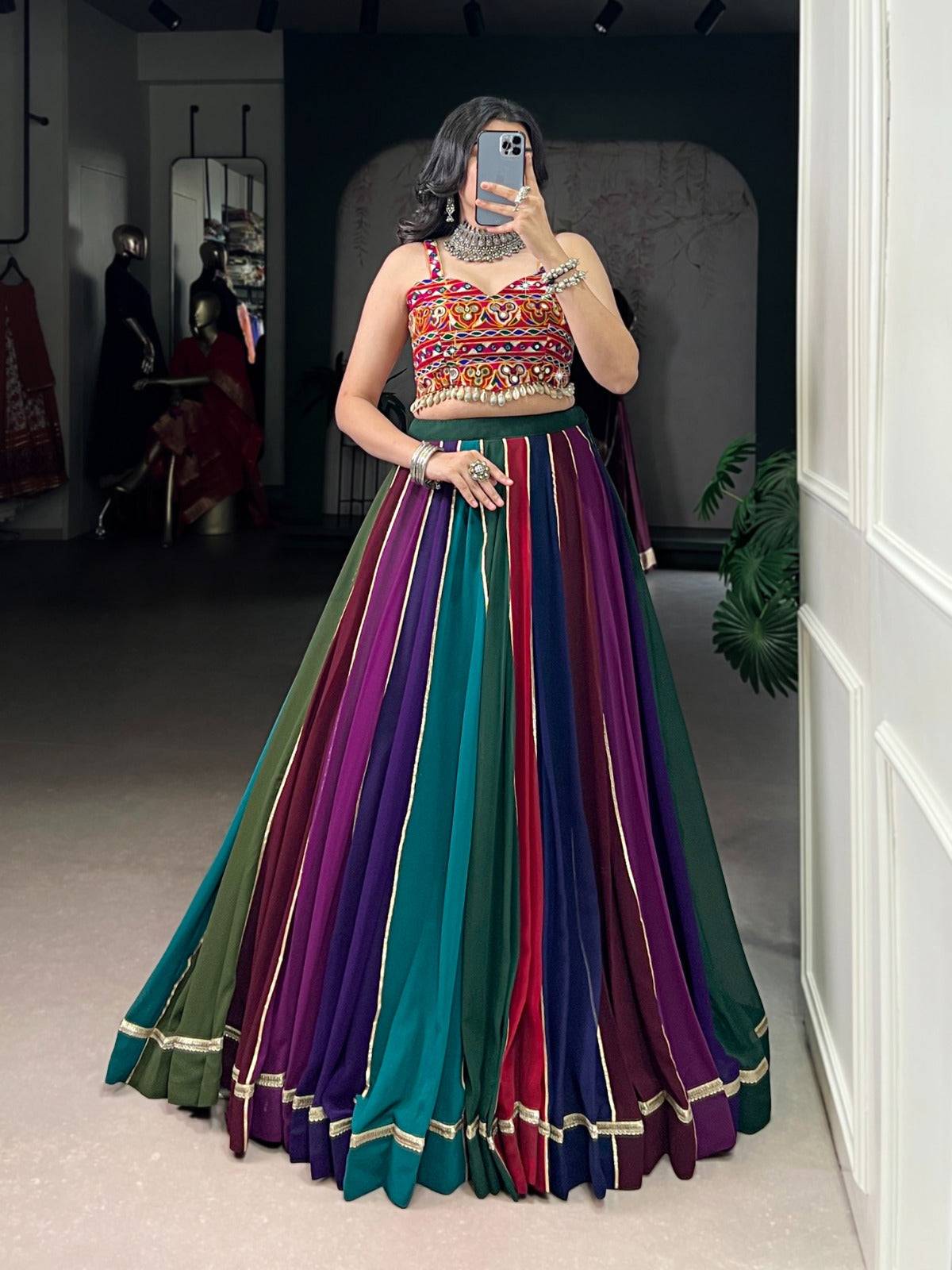 Designer Georgette Navratri Lehenga with Real Mirror Gamthi Work Blouse & 8 Meter Flair – Stitched Chaniya Choli