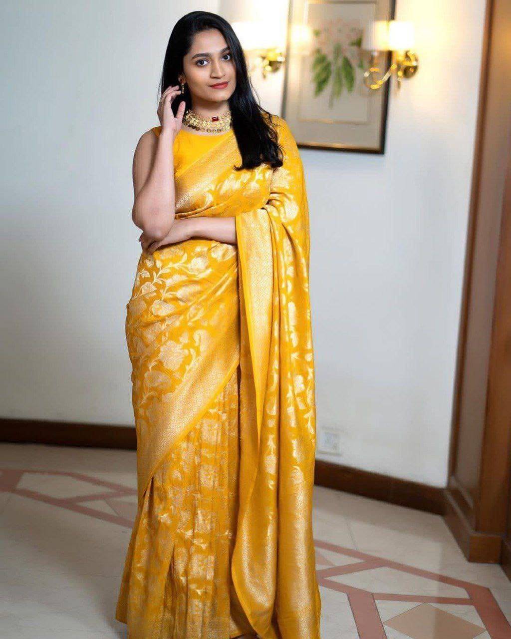 Soft Yellow Silk Saree for Women – Elegant Banarasi Floral Design