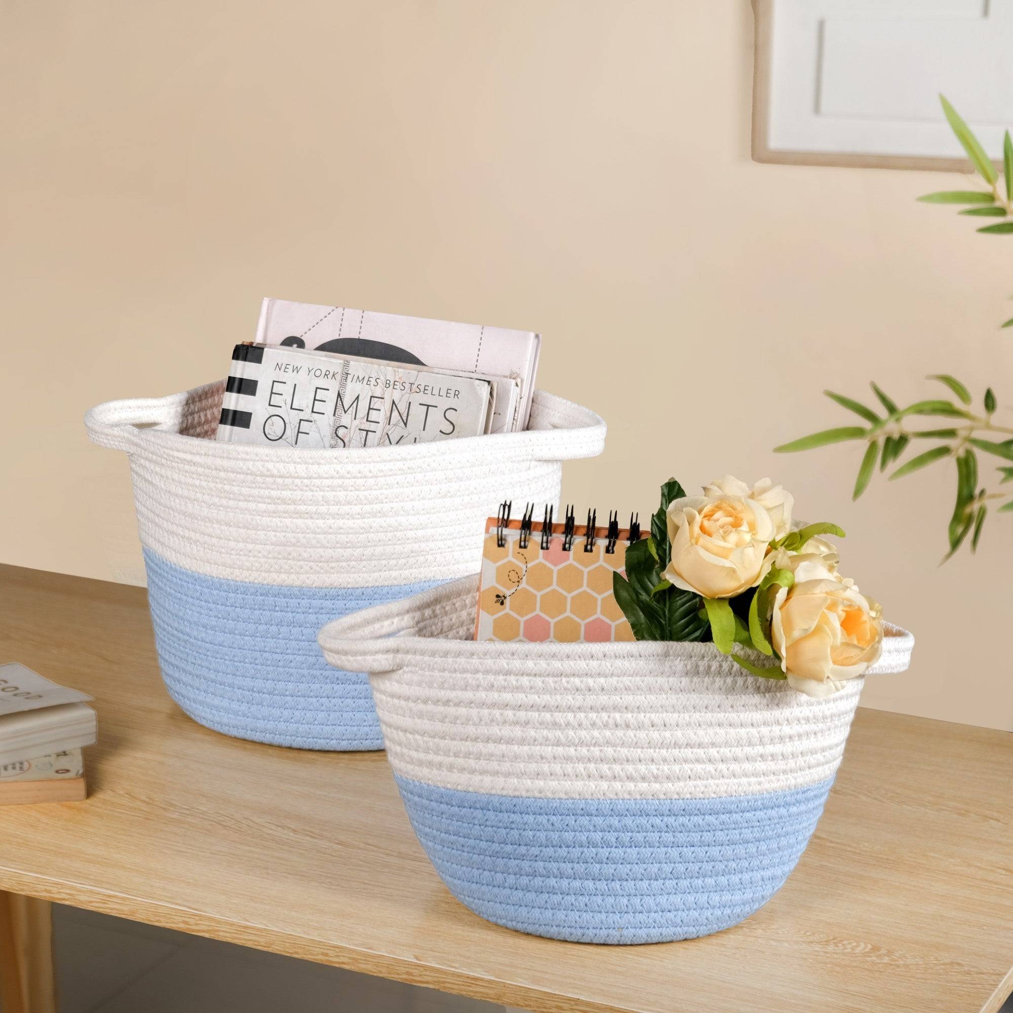 White And Blue Rope Basket Set Of 2 20cm And 18cm