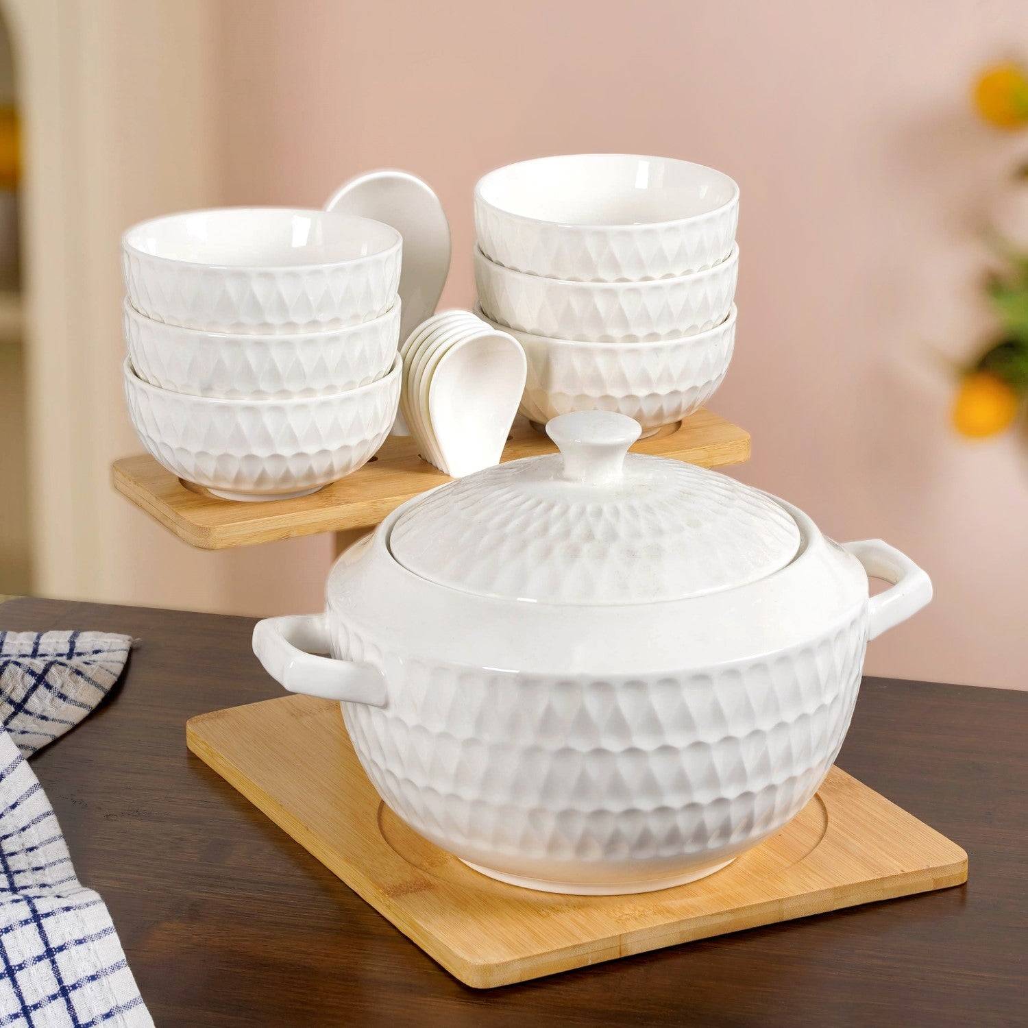 White Ceramic Pot And Bowl Set With Spoons And Wooden Stand buy only at ₹6050